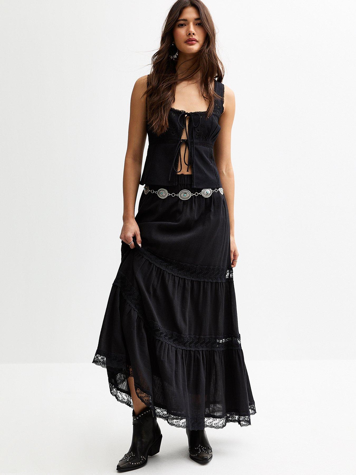 undefined Black Lace Tiered Maxi Skirt