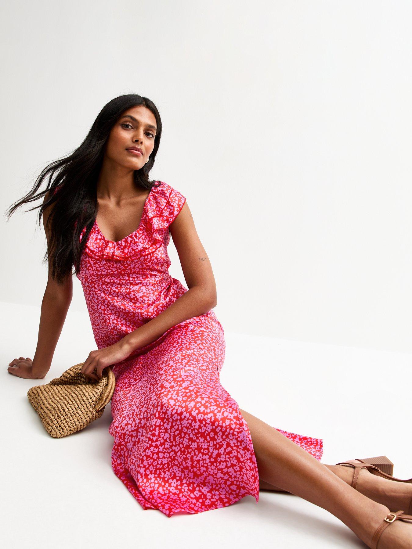 Image 1 of 4 of New Look Pink Floral Print Satin Midi Dress