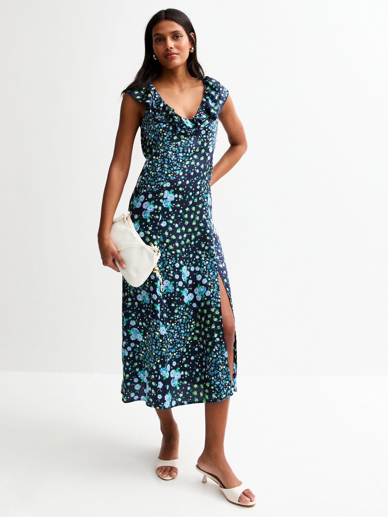 undefined Black Rose Print Slit Hem Midi Dress
