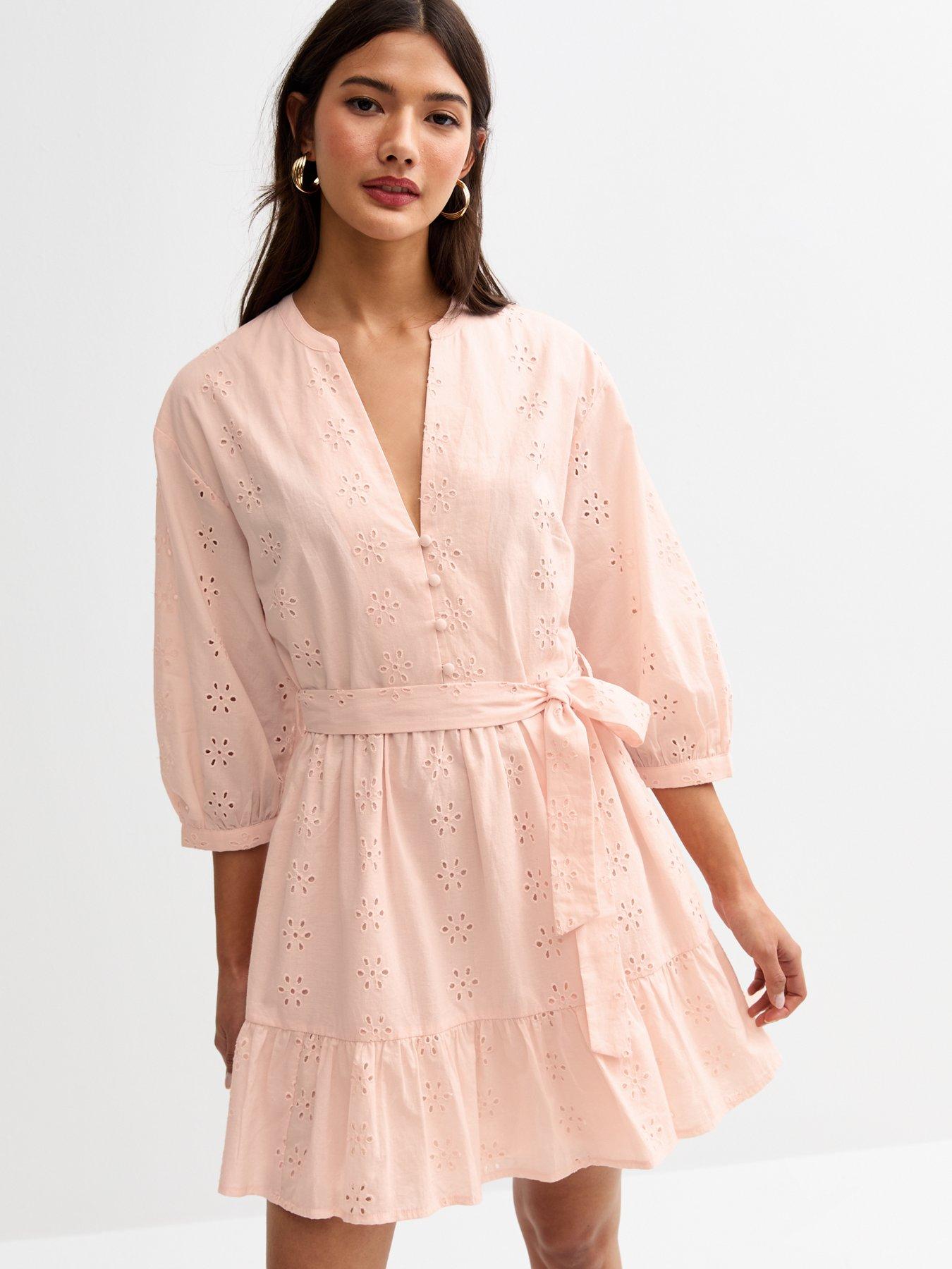 undefined Broderie Long Sleeve Smock Dress - Light Pink