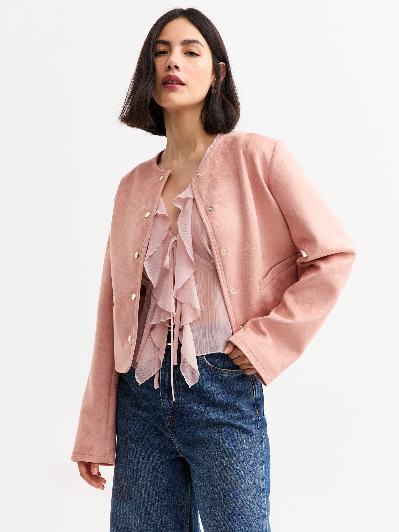 undefined Pink Faux Suede Collarless Jacket