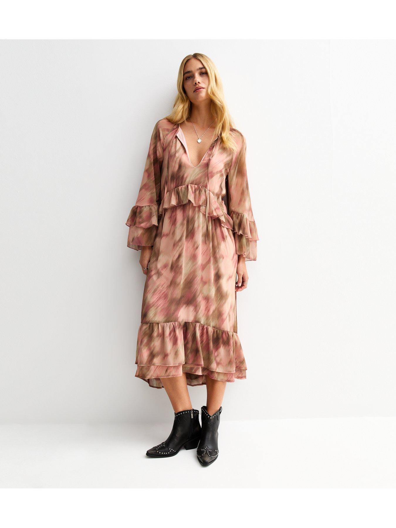 New Look Blurred Floral Print Chiffon Midi Dress - Pink