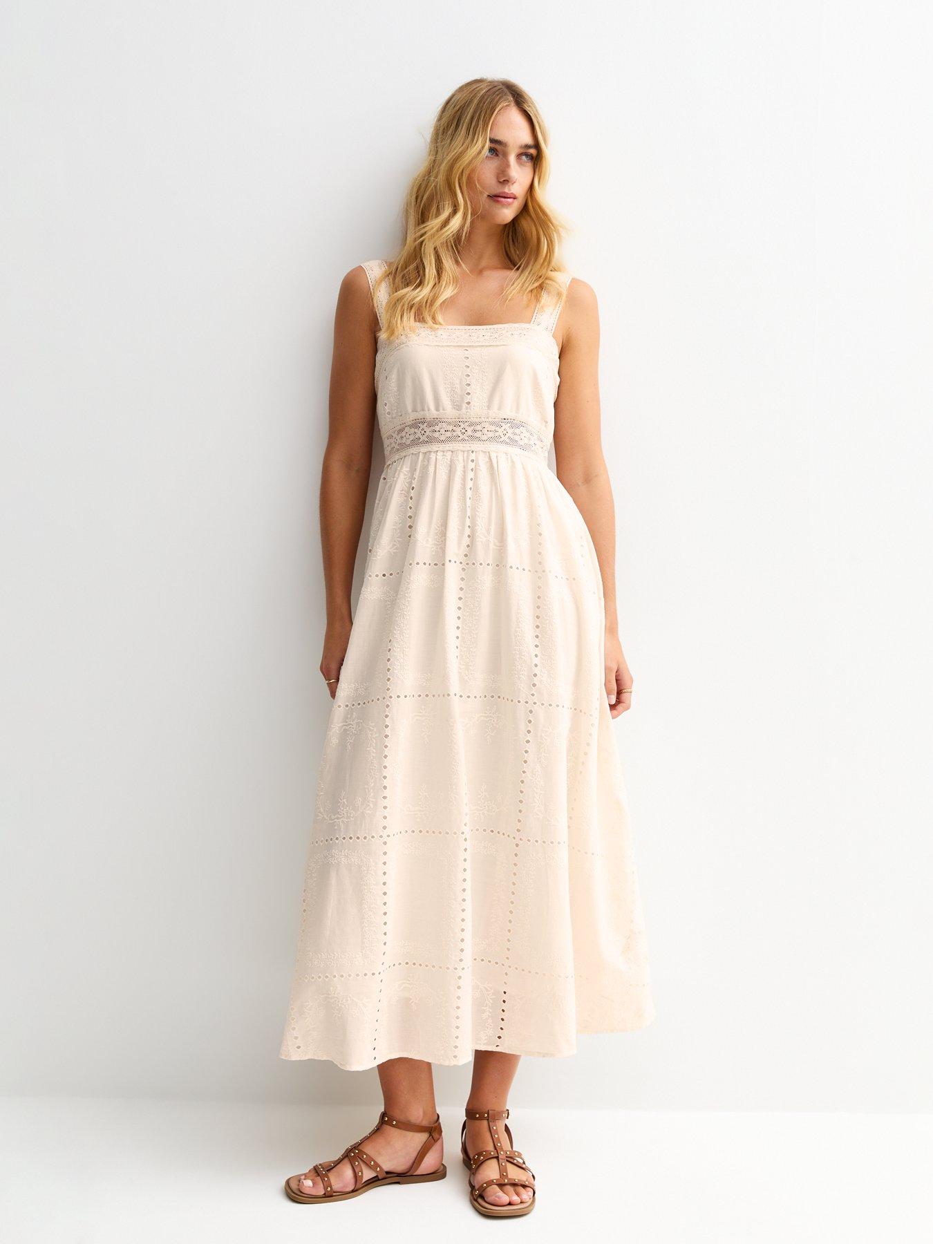 undefined Broderie Anglaise Lace Trimmed Square Neck Midi Dress - Cream