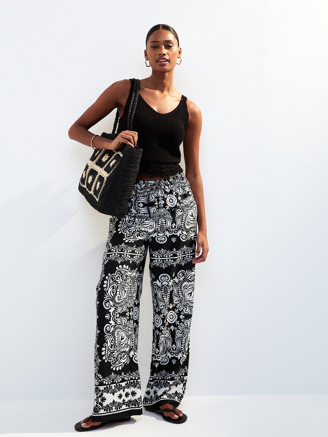 undefined Black Crepe Tile Print Wide Leg Trousers