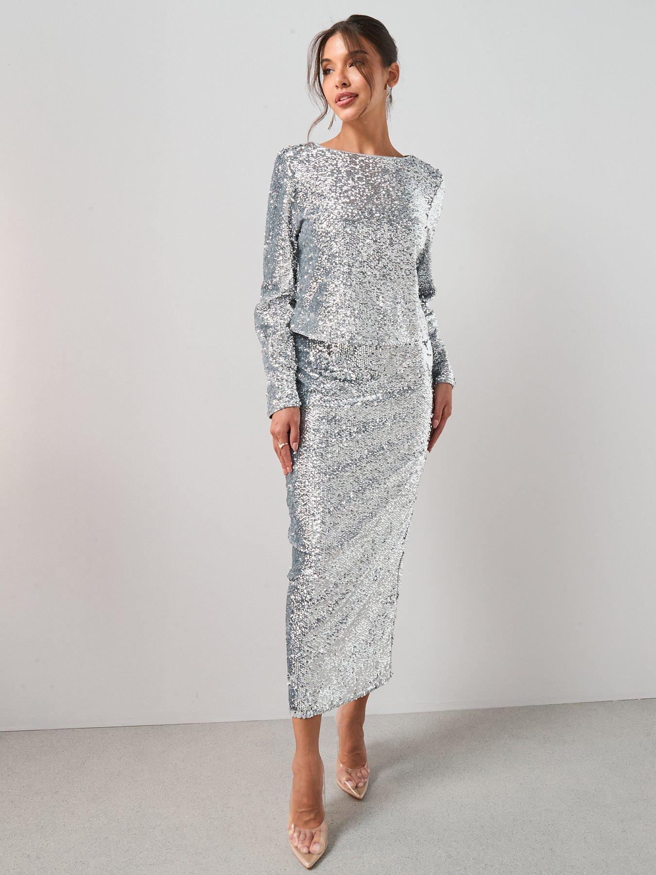 Image 3 of 6 of The Very Collection Fully Embellished Long Sleeve Crew Neck Top - Silver