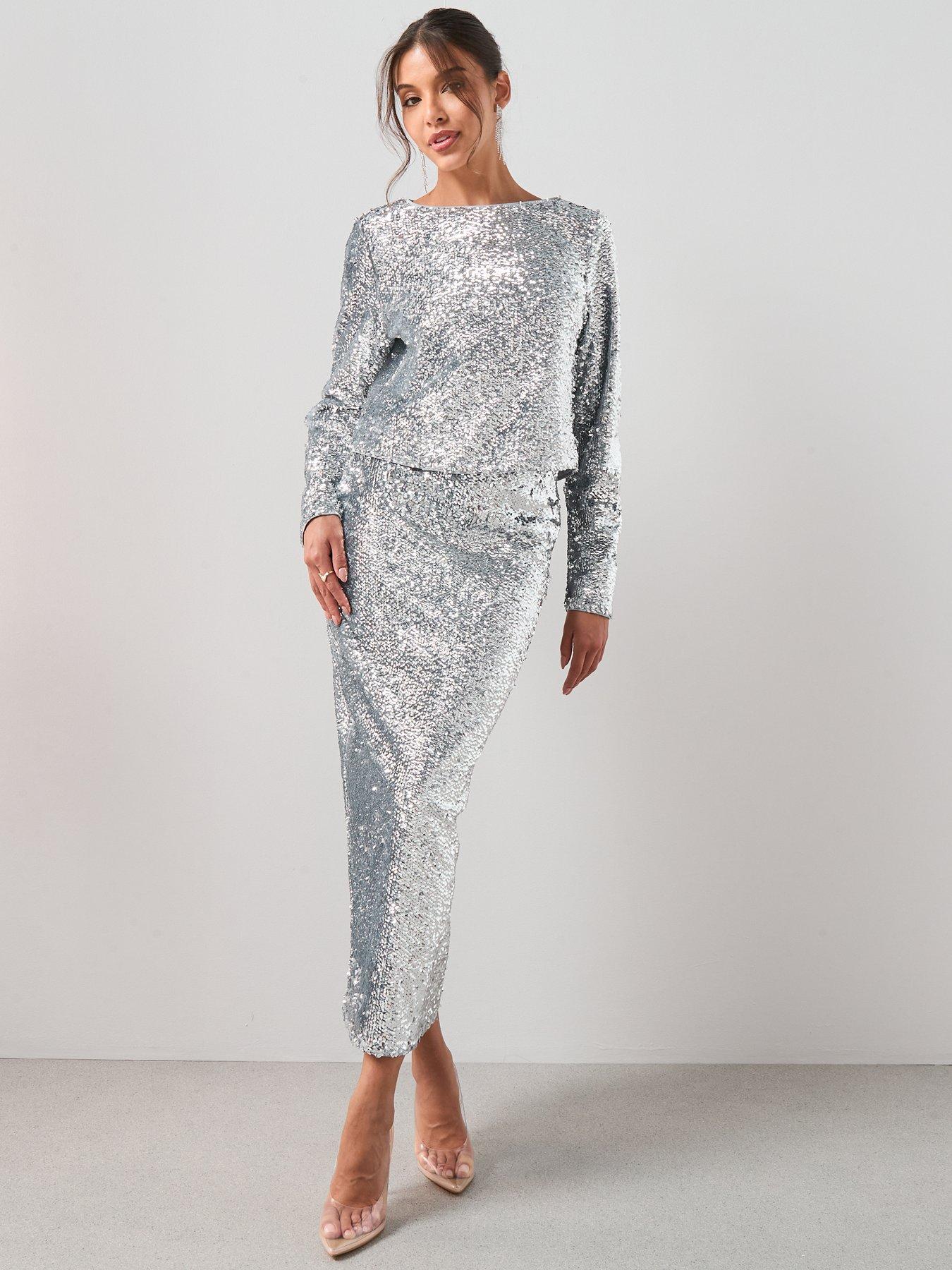 Image 4 of 7 of The Very Collection X Carol Byrne Embellished Column Midi Skirt - Silver