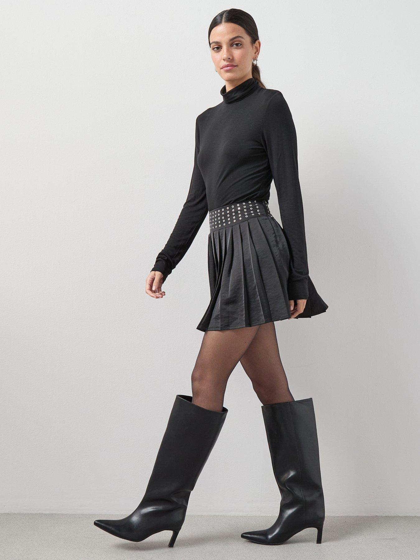 Image 1 of 7 of The Very Collection Statement Eyelet Pleated Mini Skirt - Black