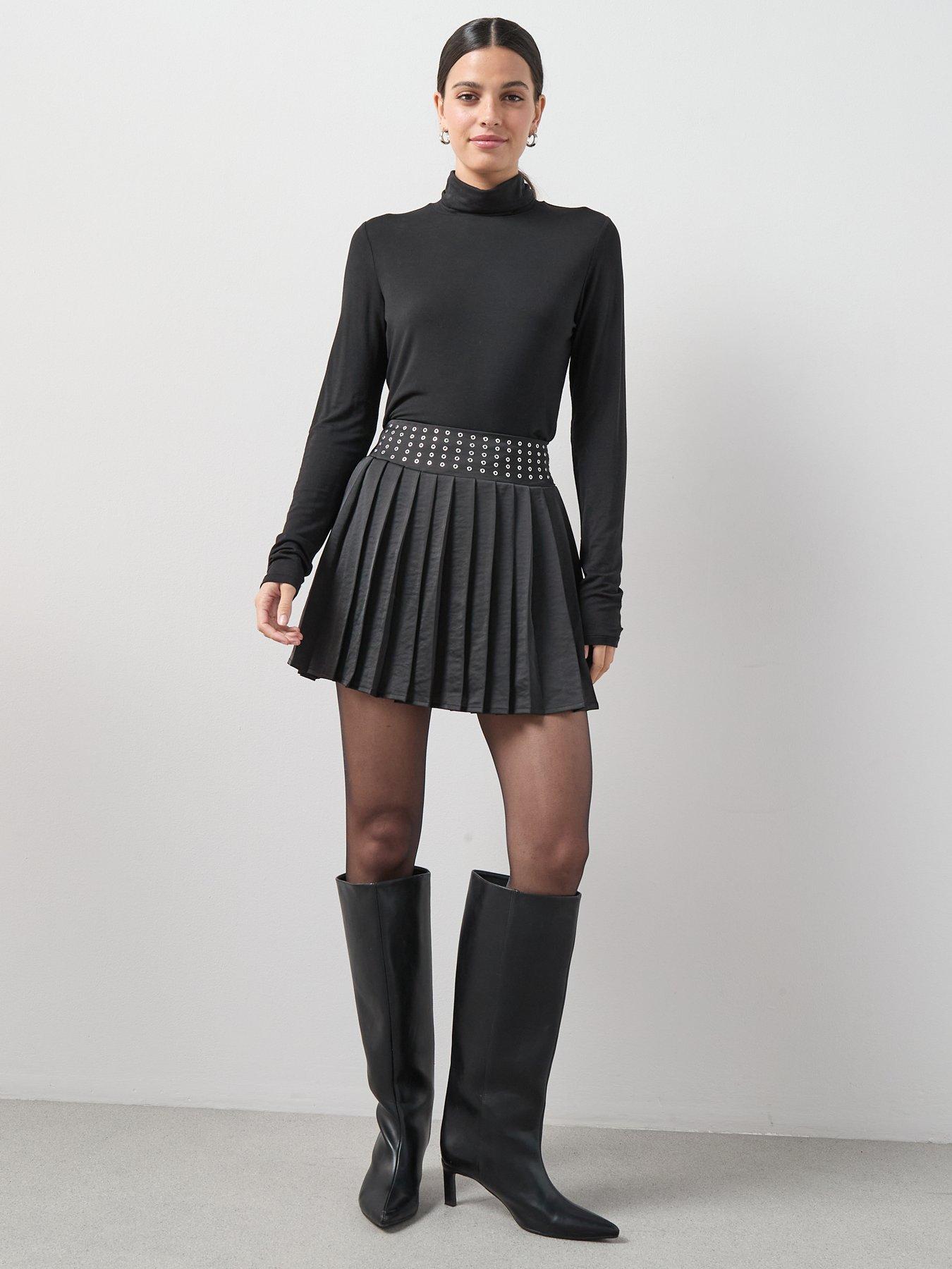 Image 3 of 7 of The Very Collection Statement Eyelet Pleated Mini Skirt - Black