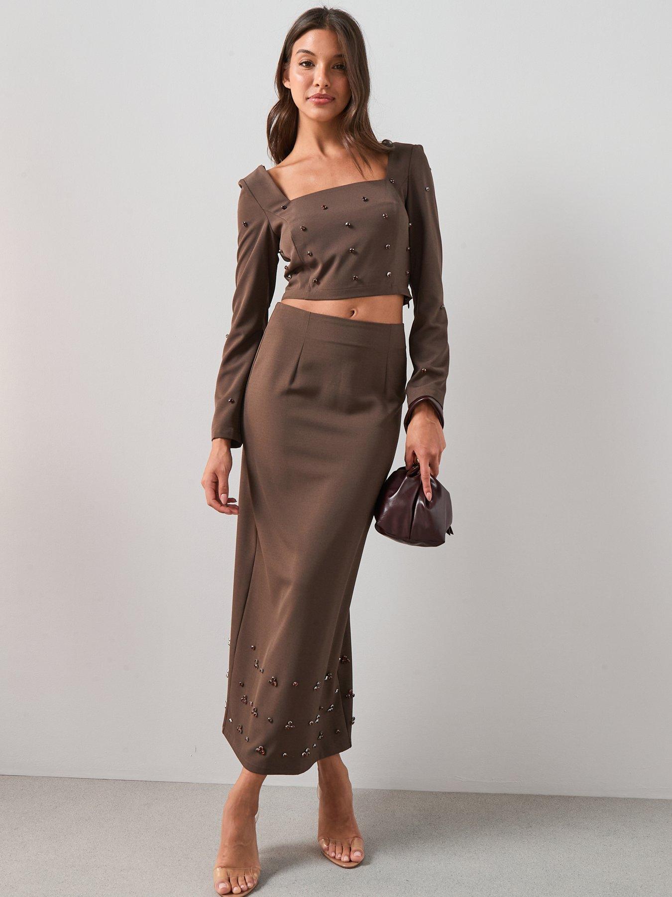 Image 5 of 6 of The Very Collection Embellished Detail Midi Column Skirt - Brown