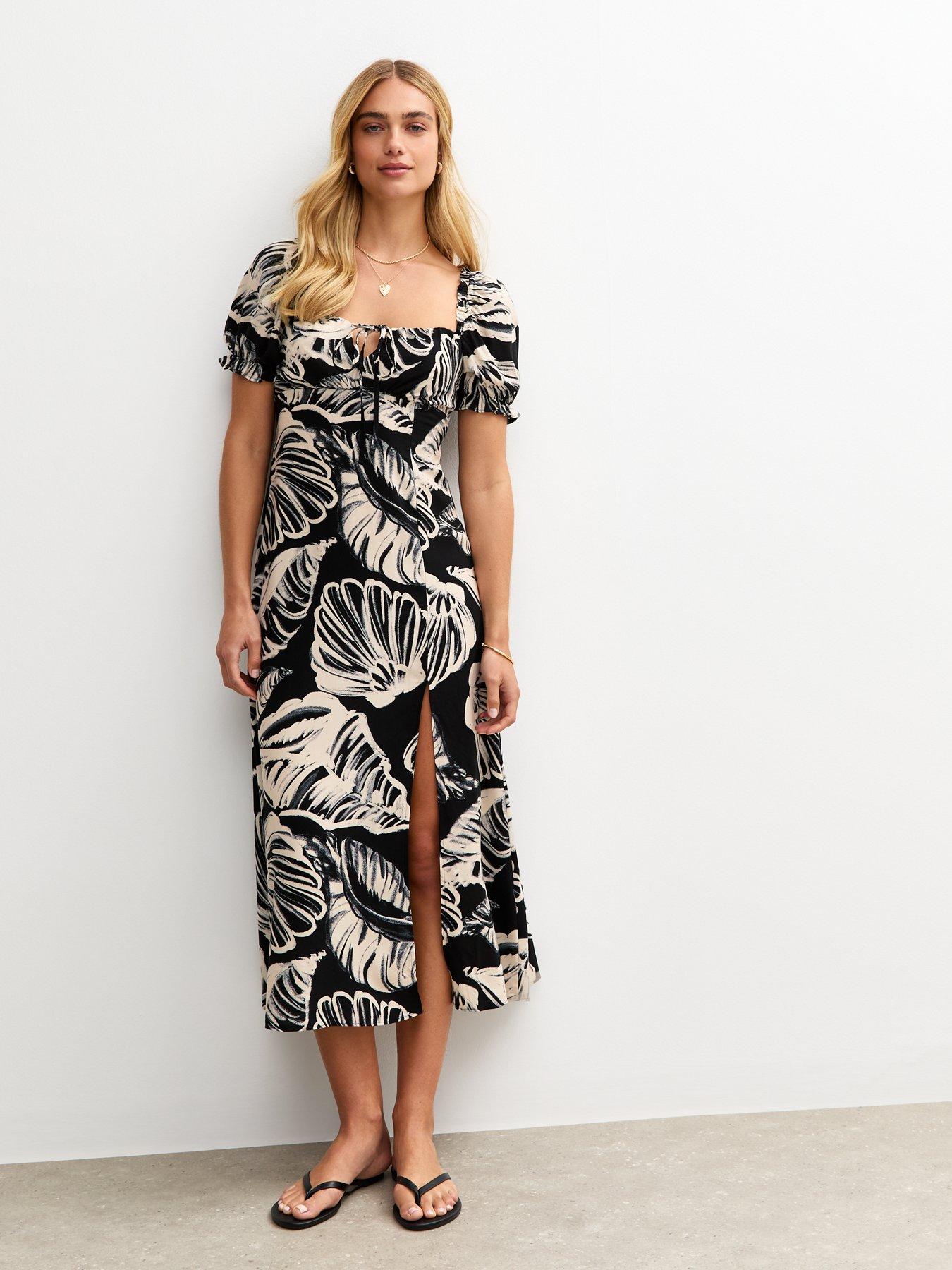 Image 1 of 4 of New Look Shell Print Milkmaid Midi Dress - Black