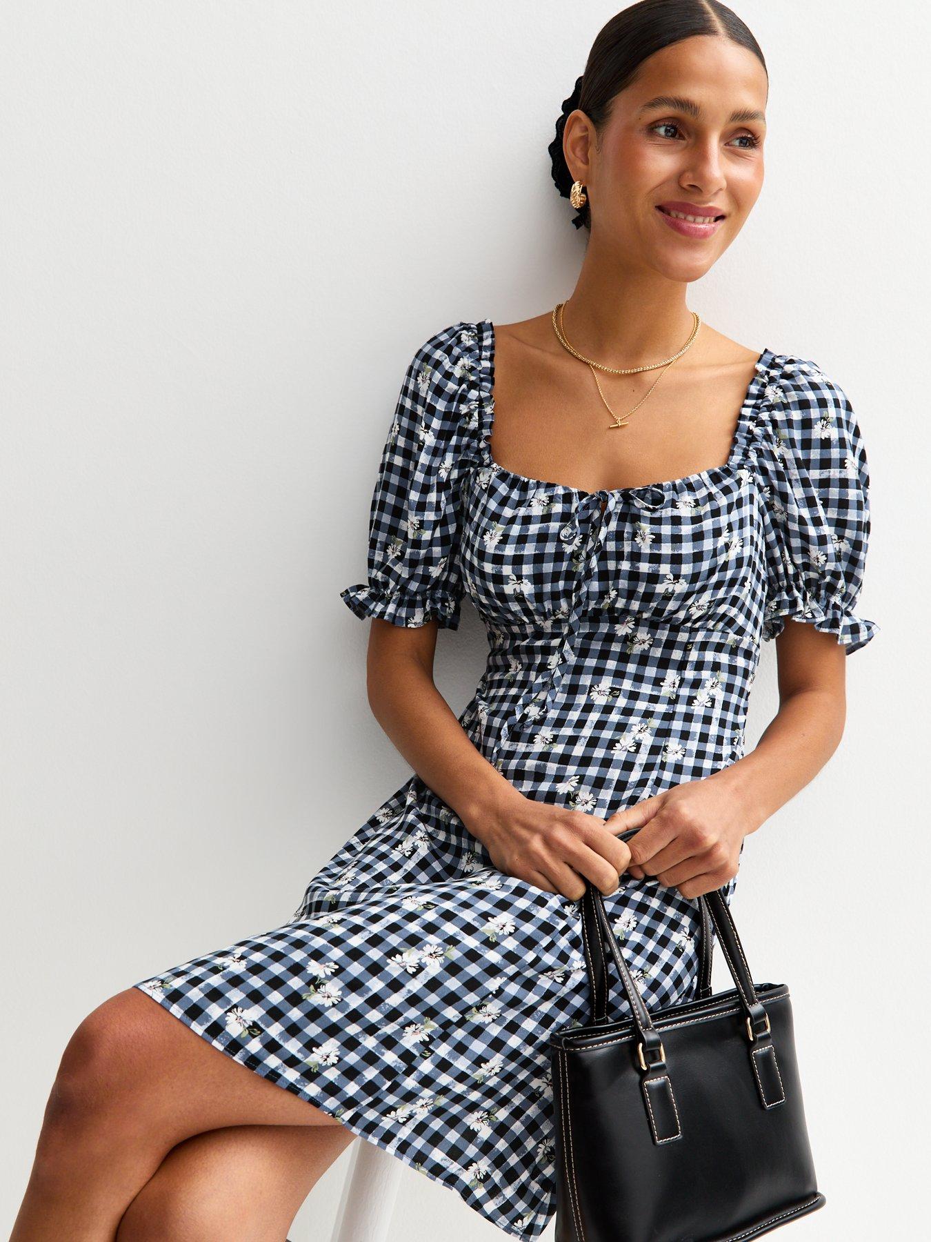undefined Navy Gingham Floral Embroidered Milkmaid Mini Dress - Blue