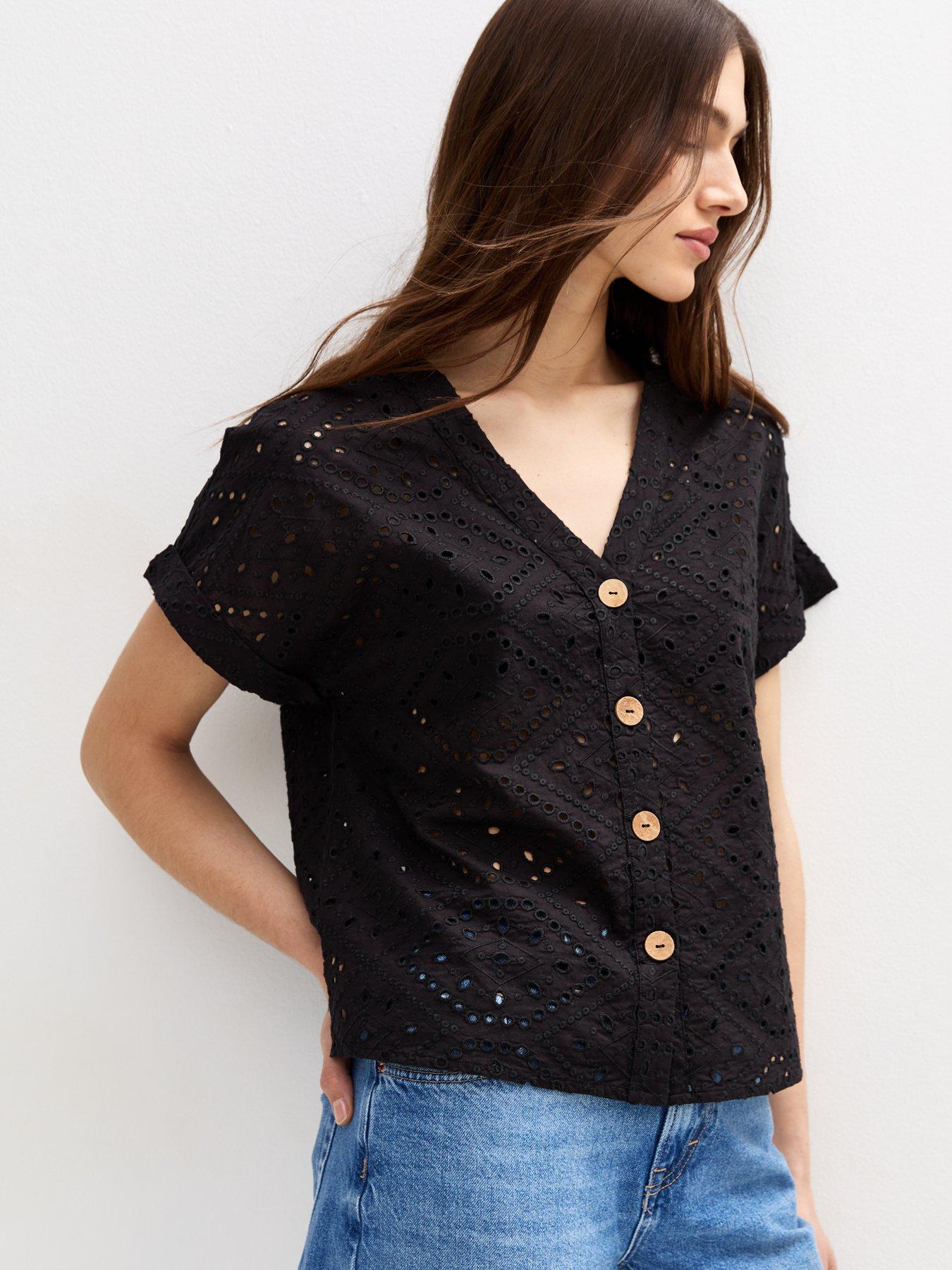 undefined Black Broderie Anglaise Short Sleeve Shirt
