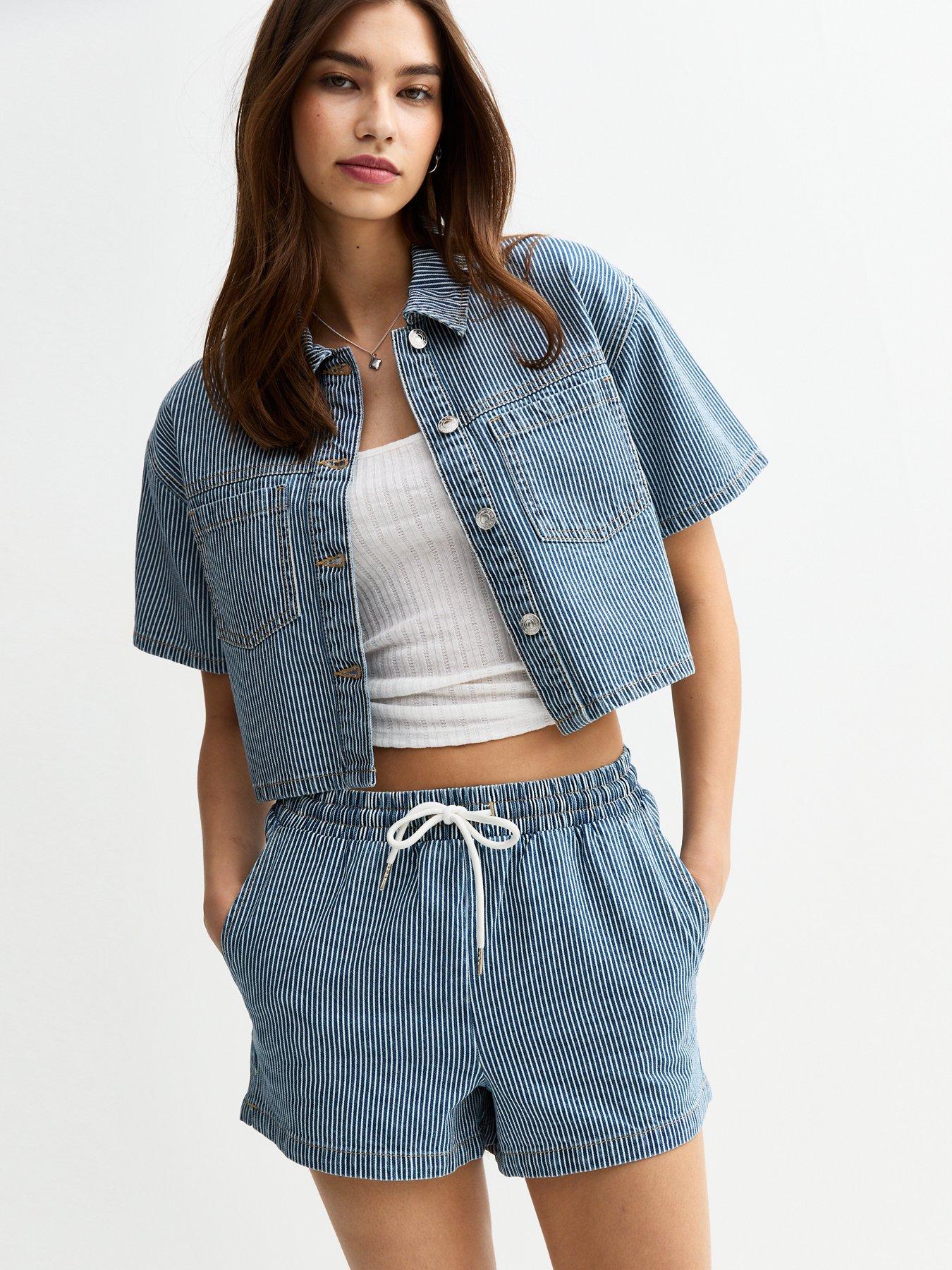 undefined Navy Stripe Print Drawstring Denim Shorts - Blue