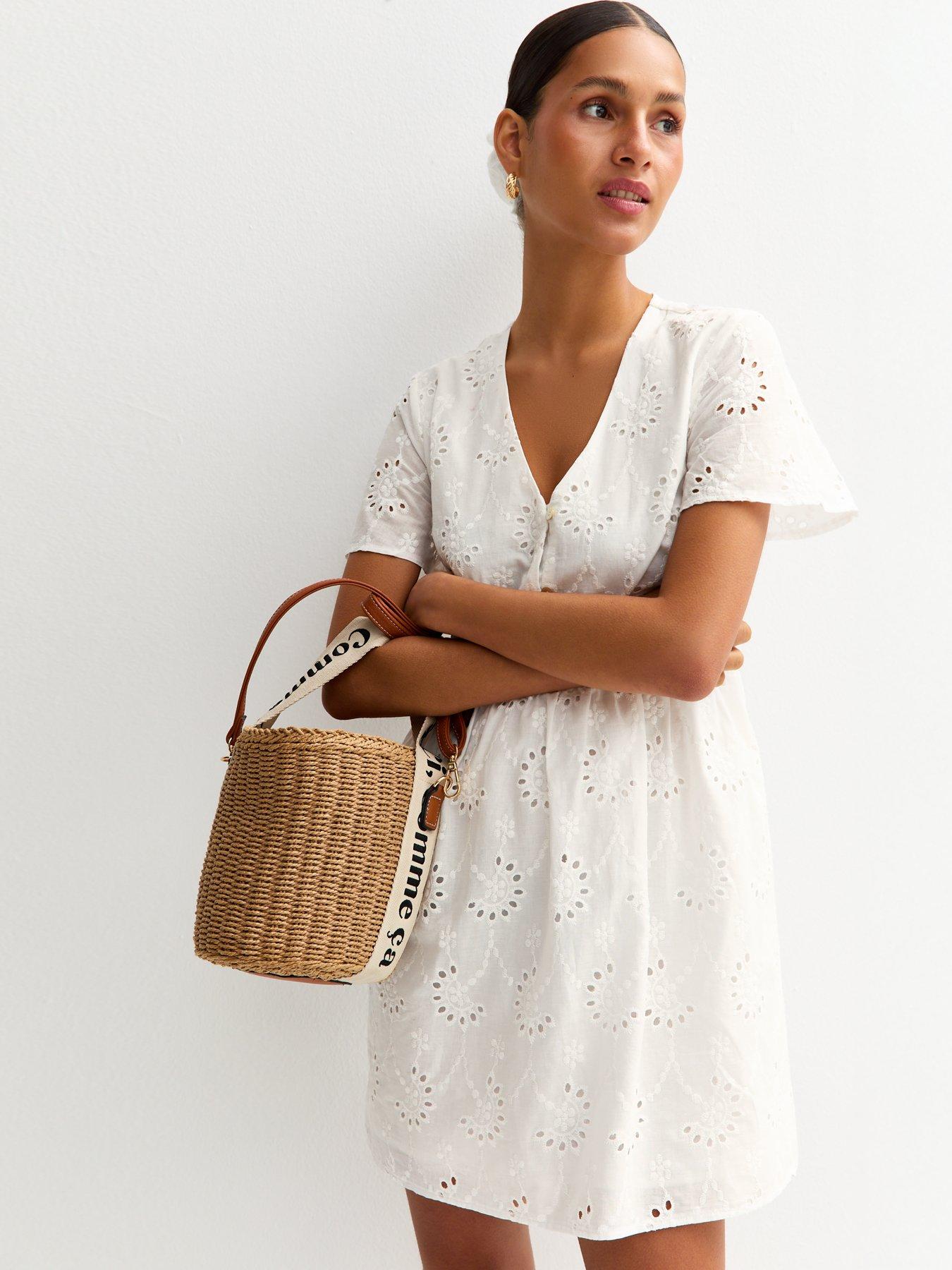 Image of New Look Broderie Anglaise V Neck Mini Dress - White