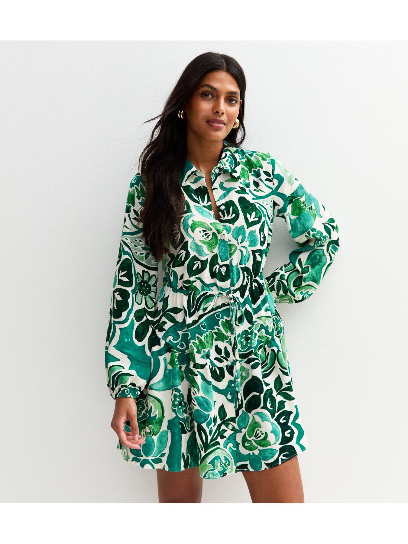 undefined Paisley Print Belted Mini Shirt Dress - Green