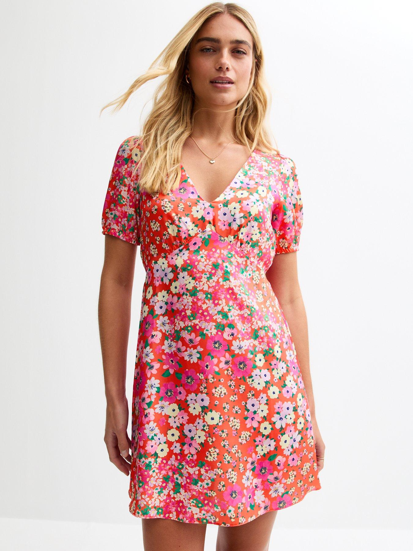 Image of New Look Pink Floral Print Satin Mini Dress