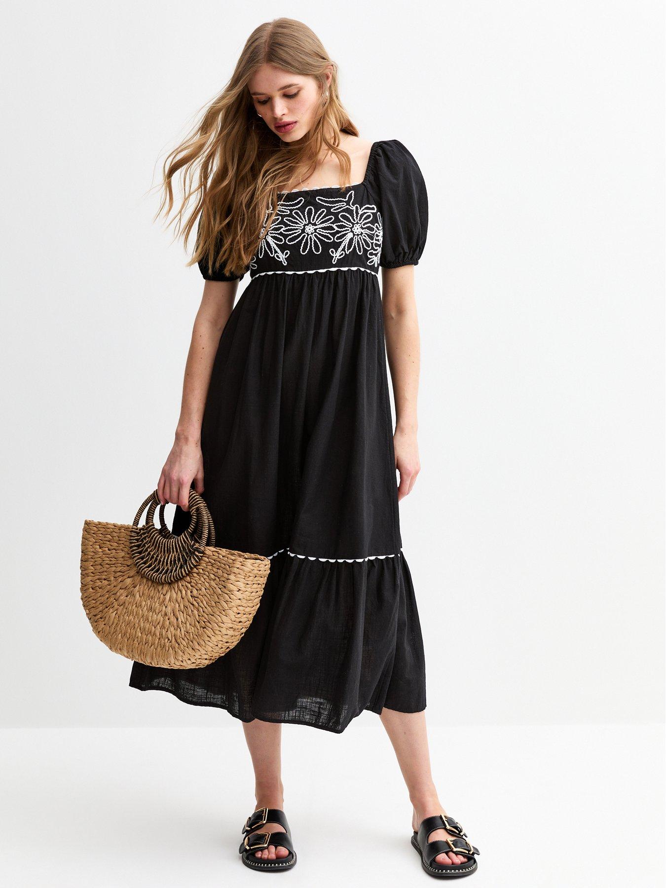 undefined Floral Embroidered Midi Smock Dress - Black