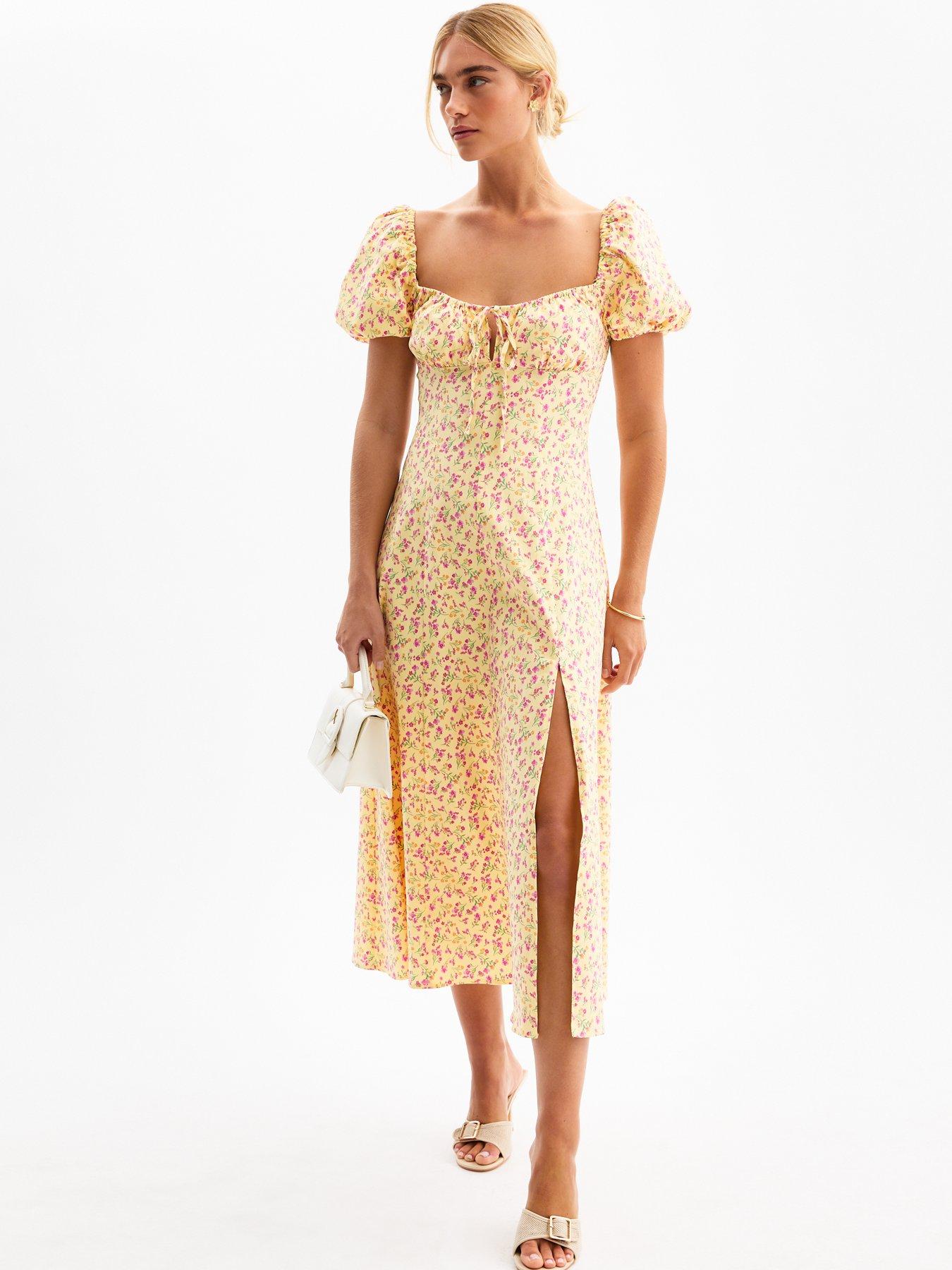 undefined Floral Print Puff Sleeve Midi Dress - Yellow