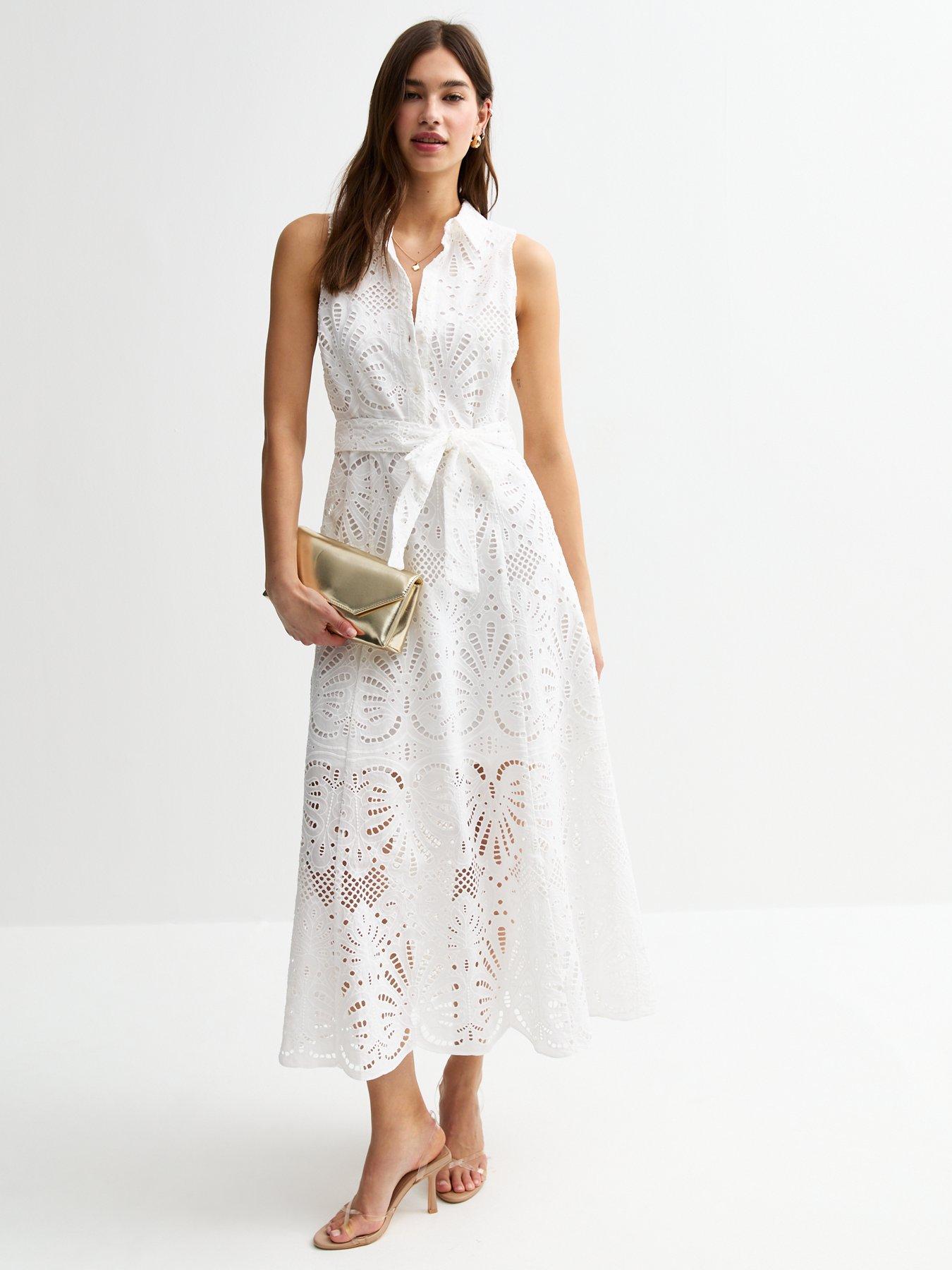 undefined Broderie Anglaise Belted Midi Shirt Dress - White