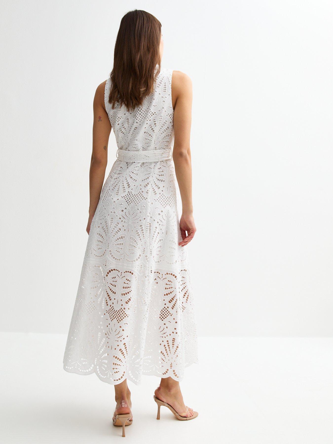 Image 2 of 4 of New Look Broderie Anglaise Belted Midi Shirt Dress - White
