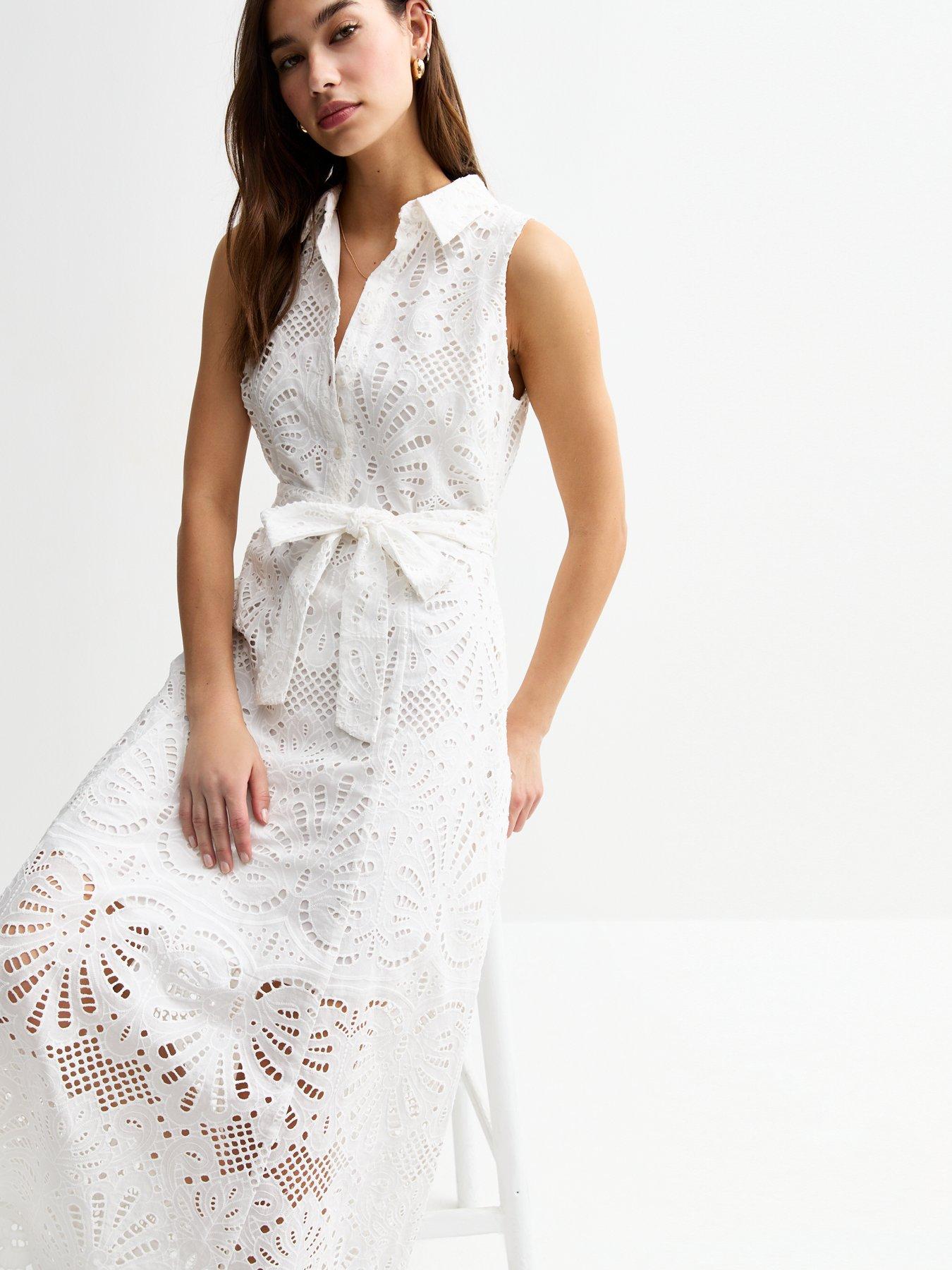 Image 3 of 4 of New Look Broderie Anglaise Belted Midi Shirt Dress - White