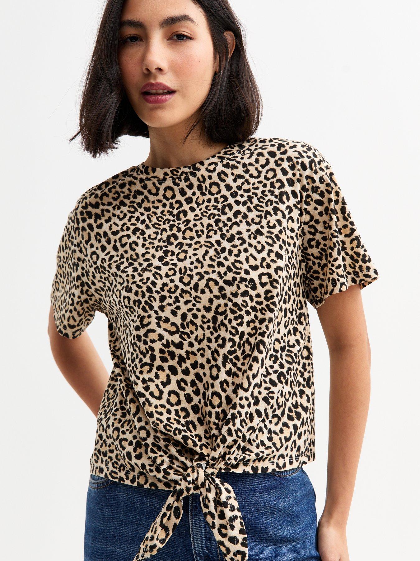 undefined Brown Leopard Print Tie Front Top