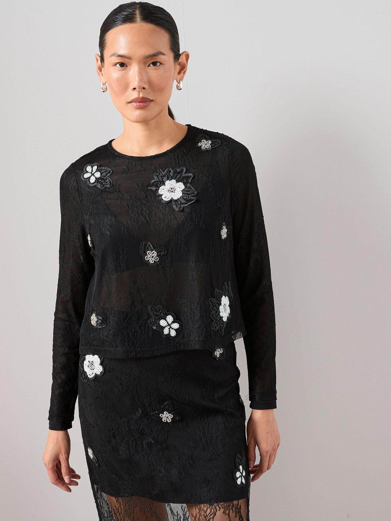 The Very Collection Embellished Flower Detail Lace Top - Black