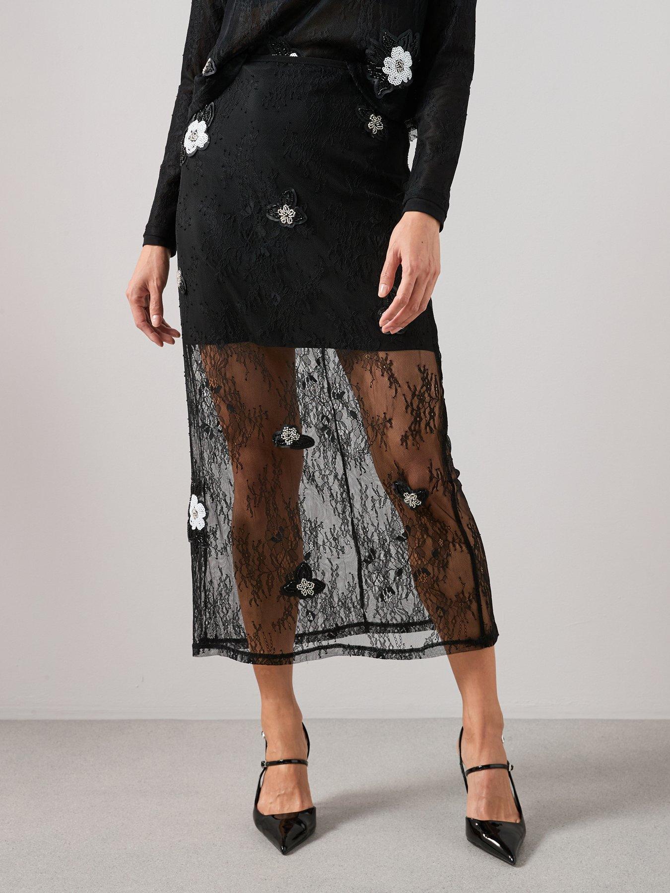 The Very Collection: Embellished Flower Detail Column Skirt - Black