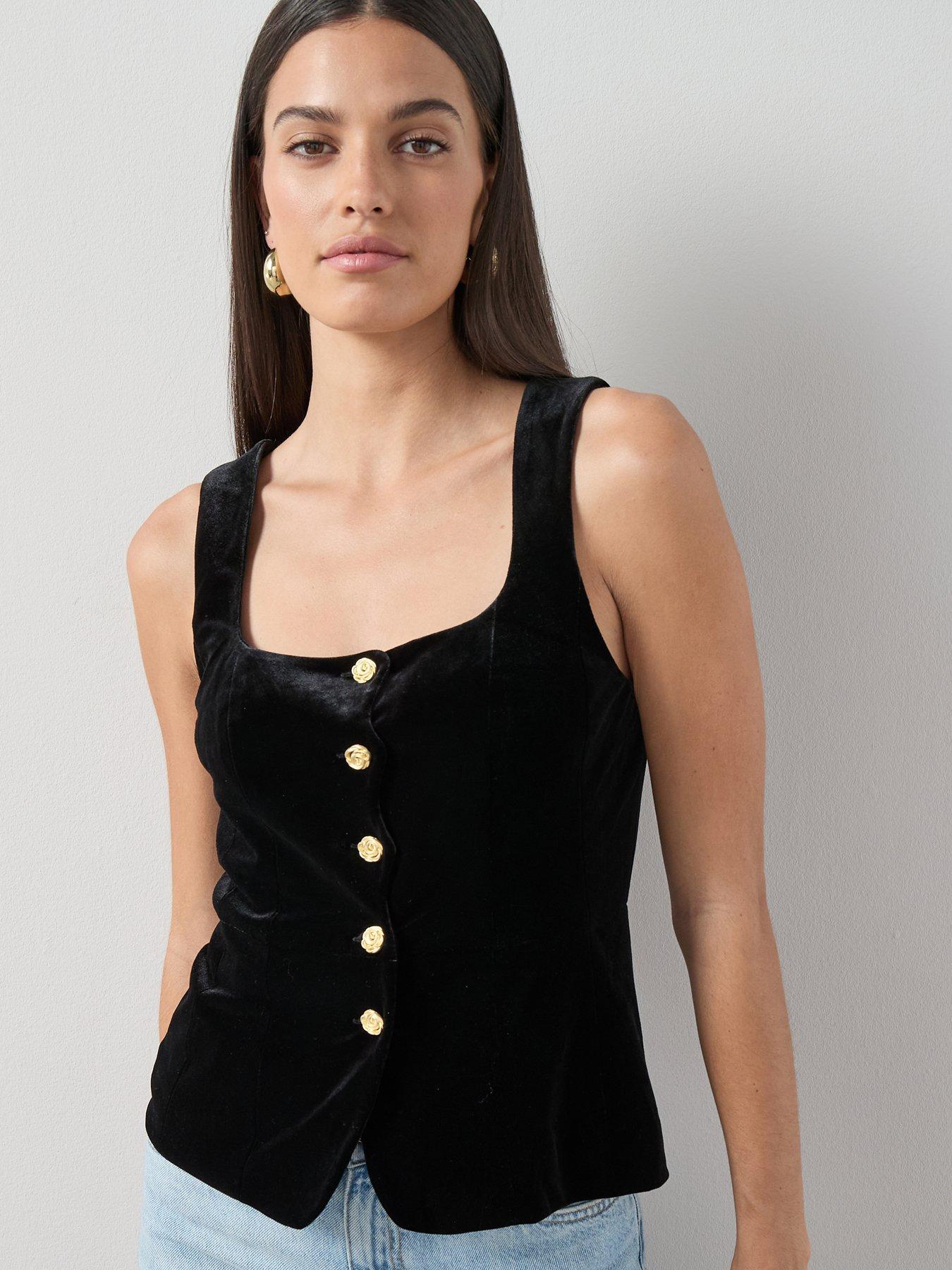 Image 1 of 7 of The Very Collection Velvet Button Front Waistcoat - Black