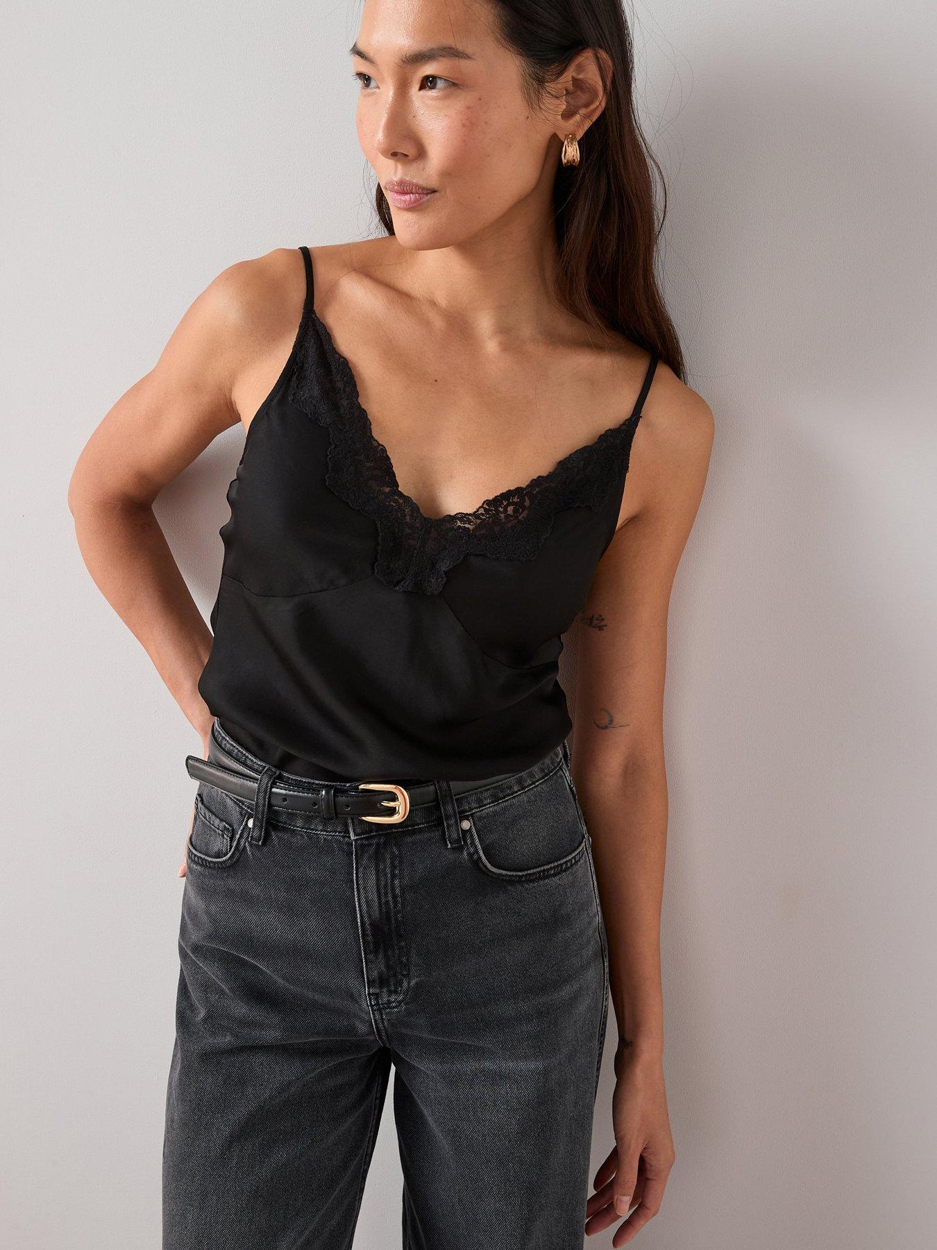 The Very Collection Lace Trim Satin Cami Top - Black