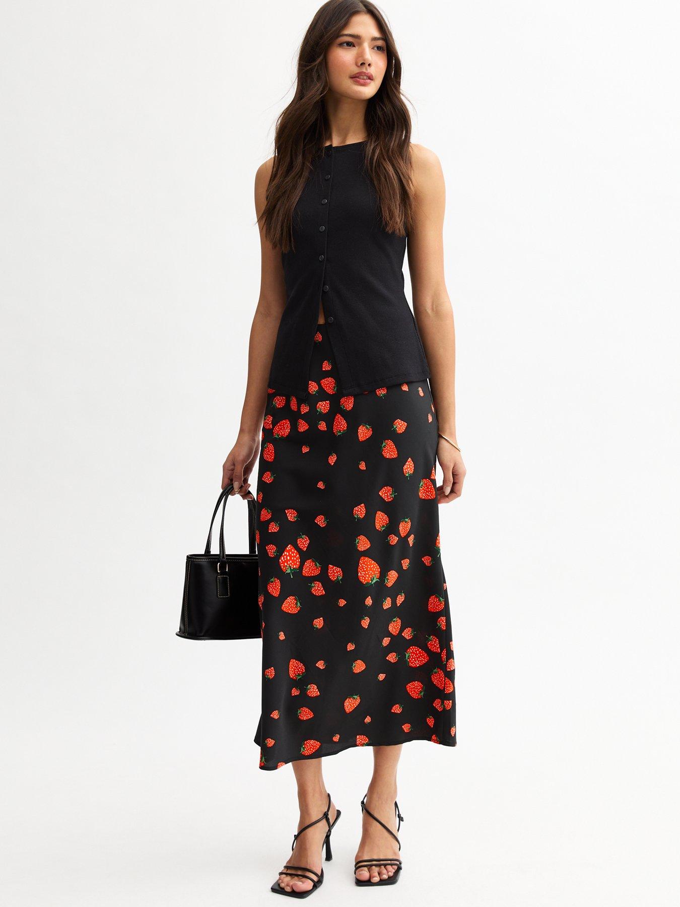 undefined Black Strawberry Print Satin Midi Skirt