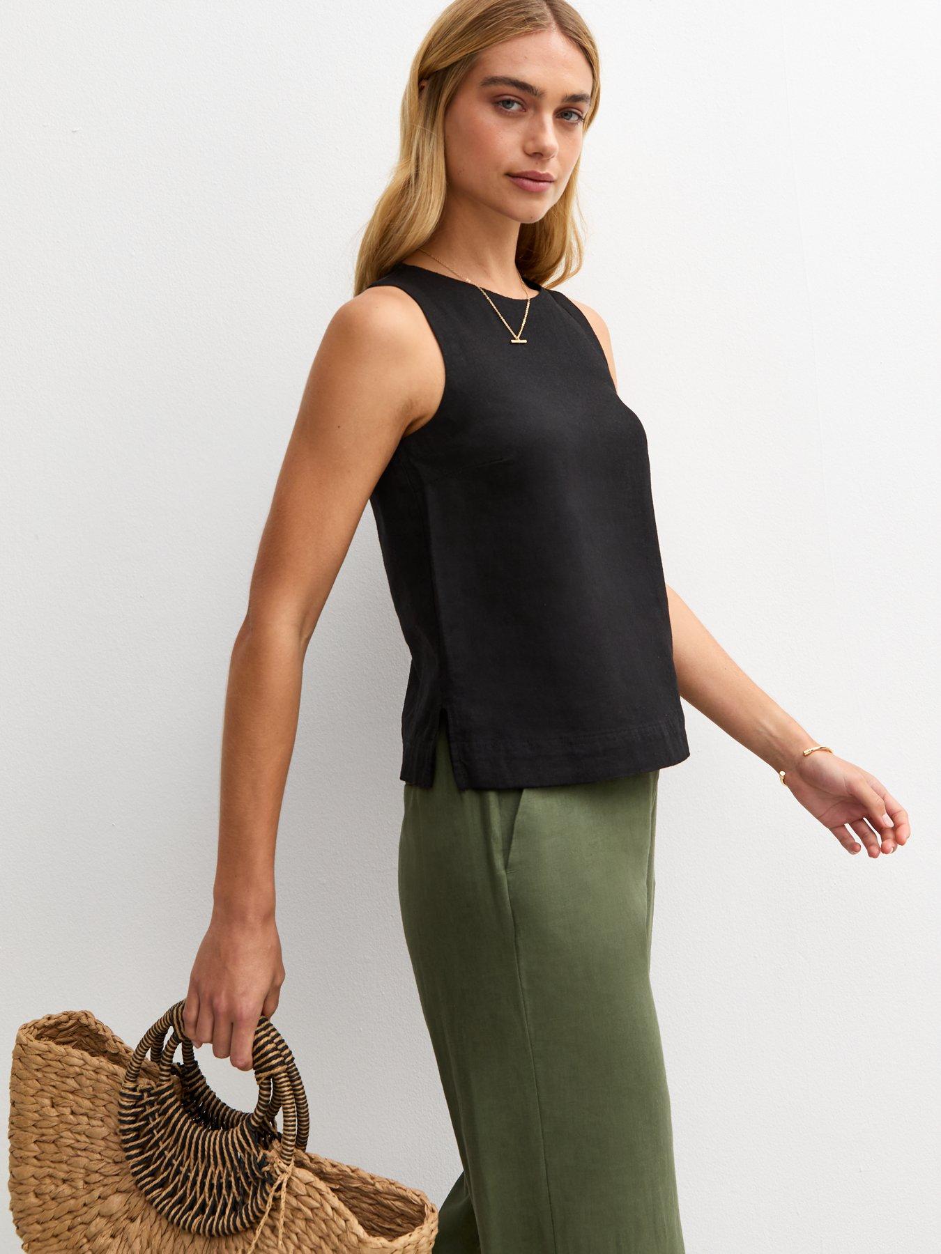 undefined Linen Look Sleeveless Top - Black