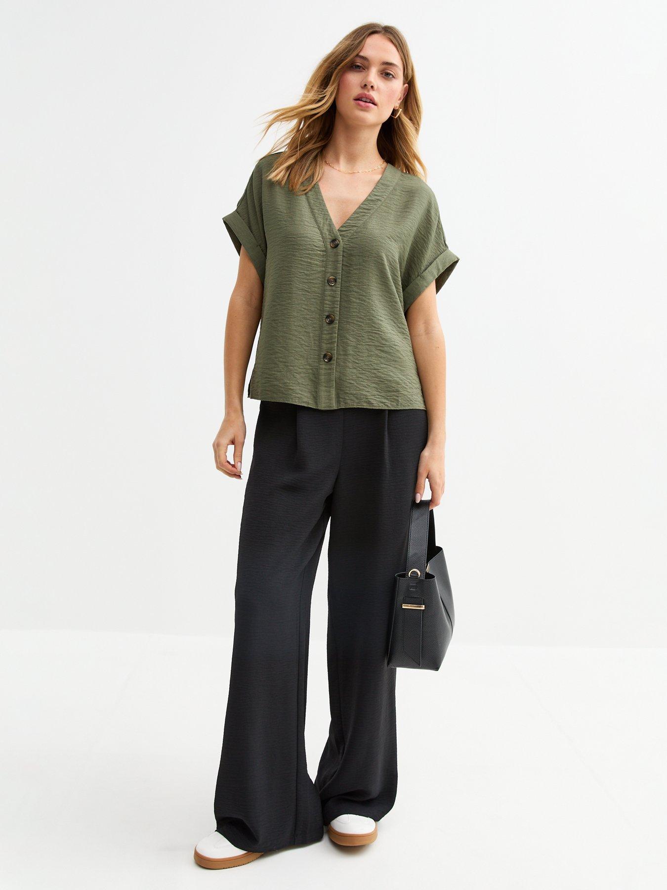 Image 1 of 5 of New Look Black Pleated Front Wide Leg Trousers