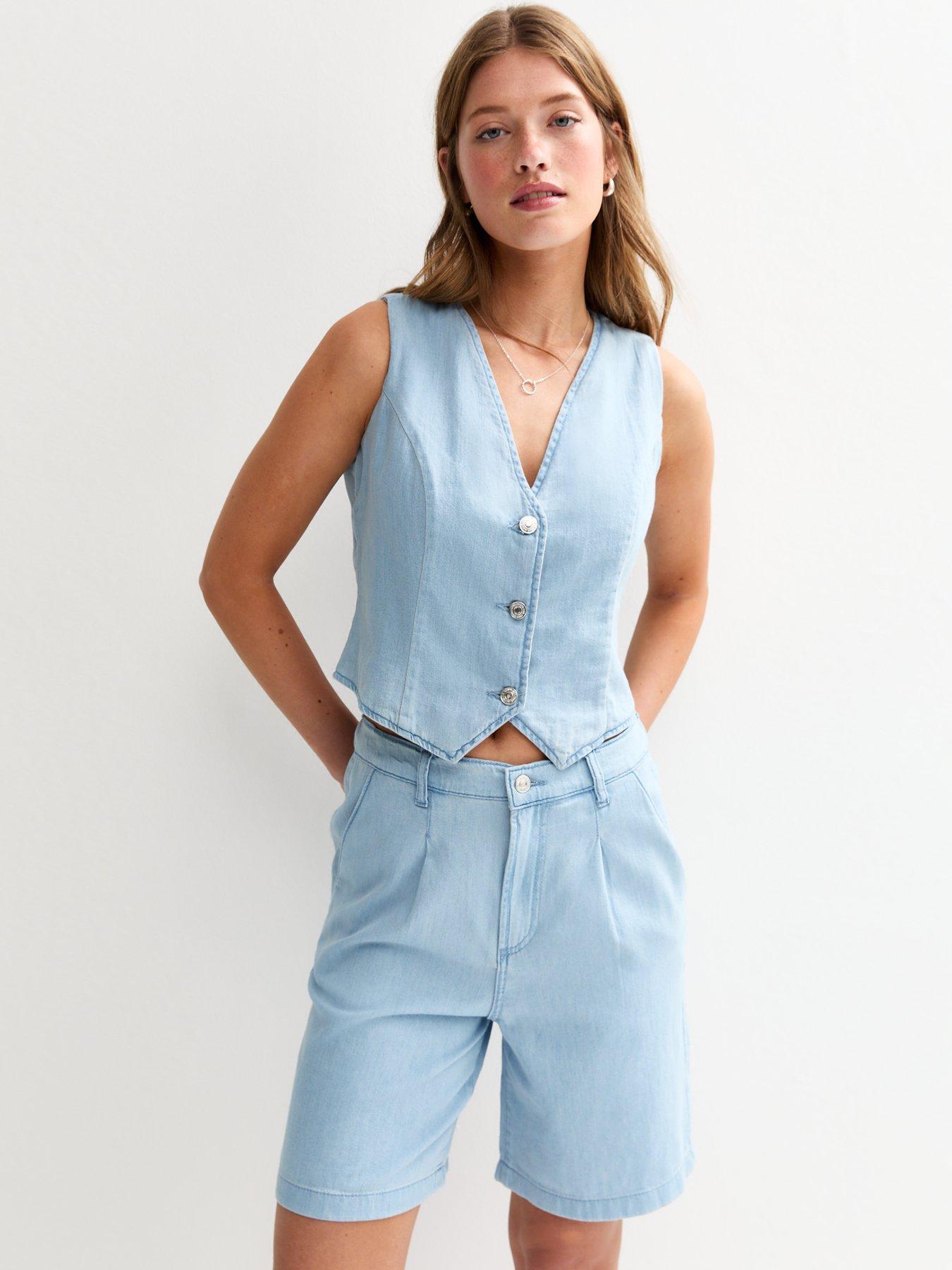 undefined Cropped Soft Denim Waistcoat - Light Blue