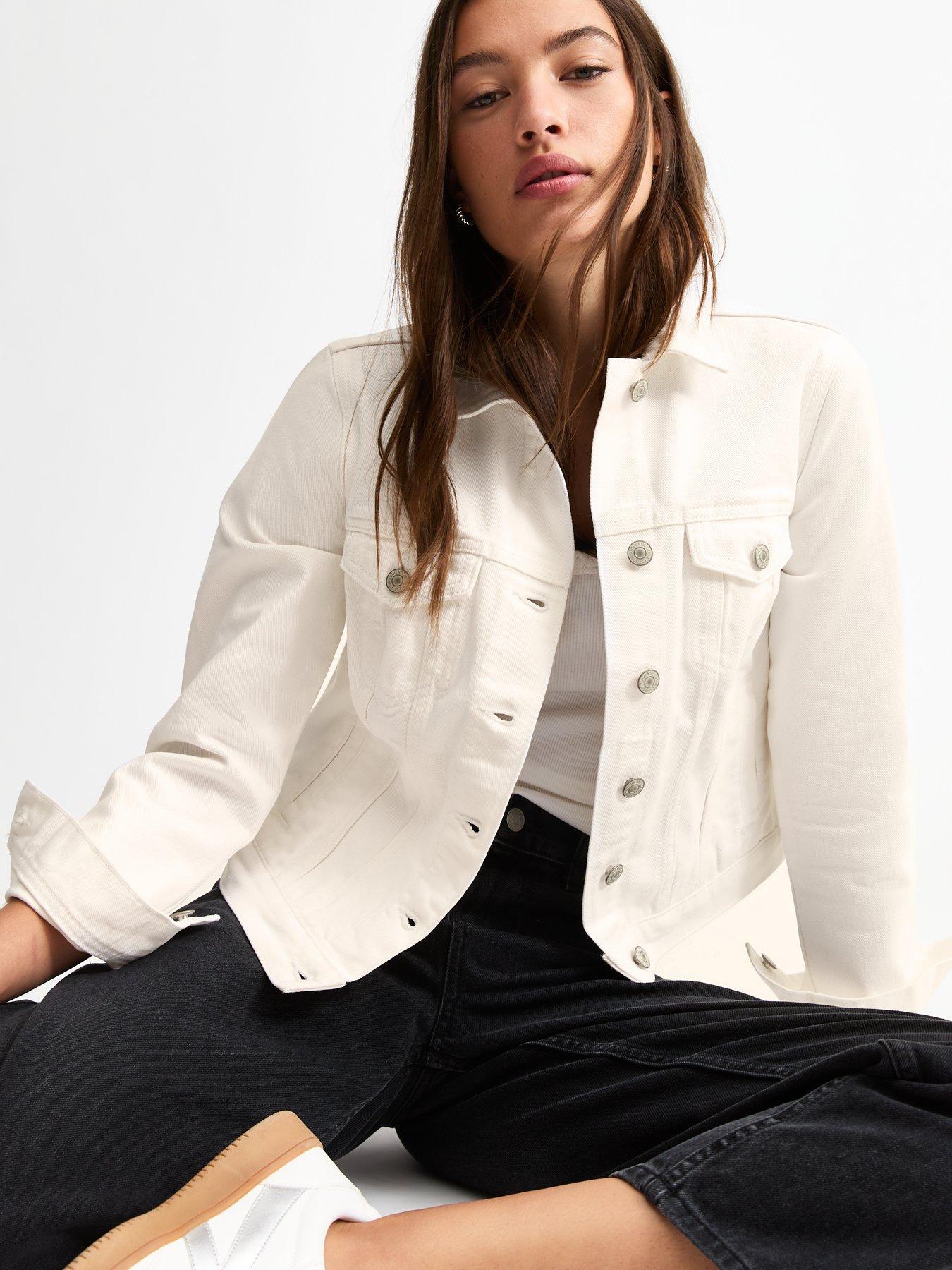 undefined White Button Front Lightly Distressed Denim Jacket