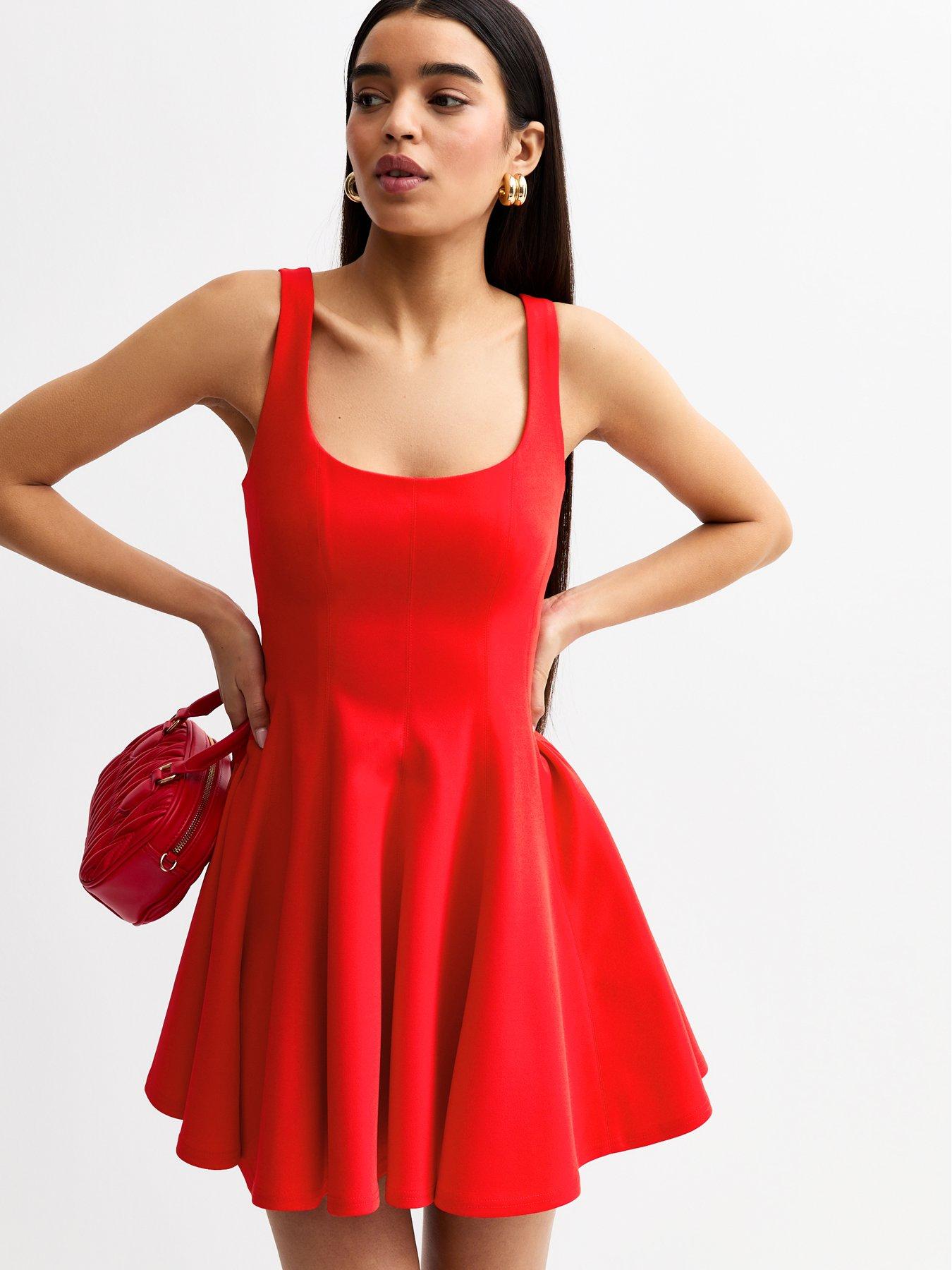 undefined Square Neck Flared Mini Dress - Red