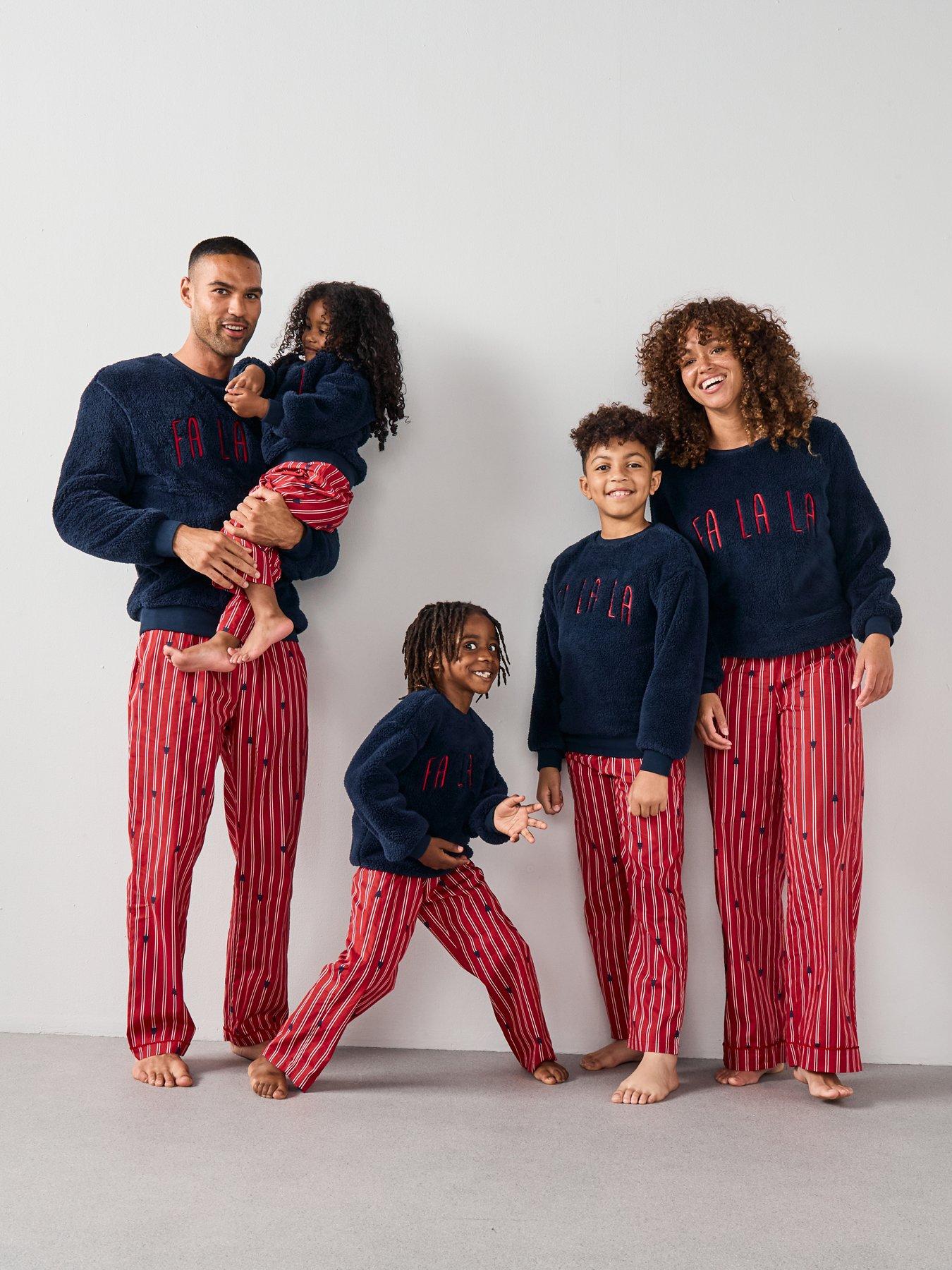 undefined Womens Family Christmas Borg Sweat And Woven Trousers Pj Set - Navy