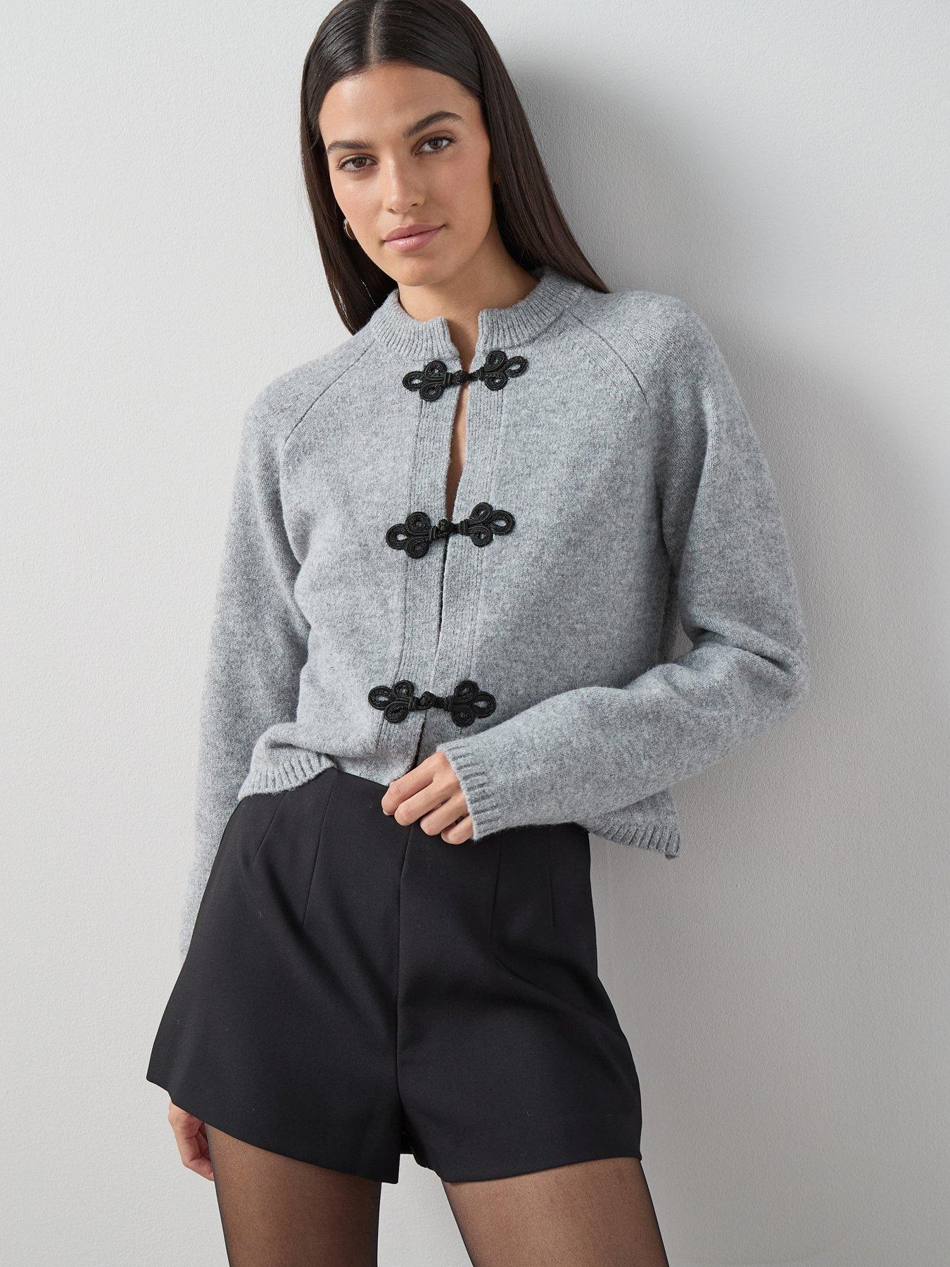 The Very Collection Crew Neck Trim Interest Cardigan With Wool - Grey