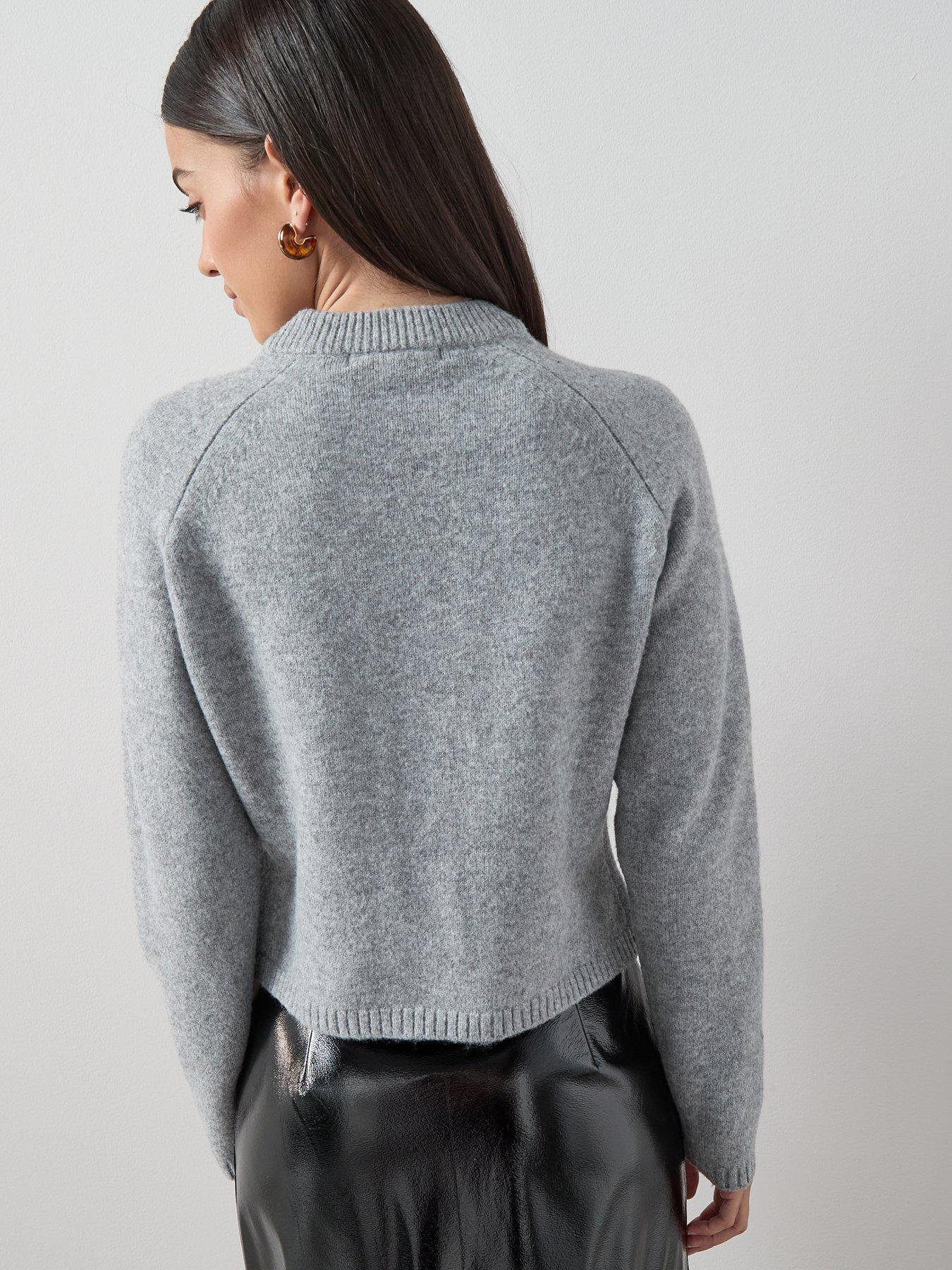 Image 2 of 7 of The Very Collection Crew Neck Trim Interest Cardigan With Wool - Grey