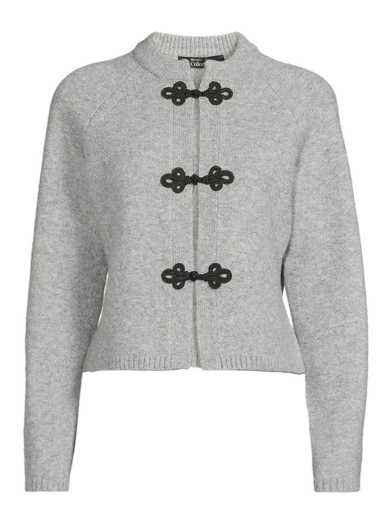 Image 7 of 7 of The Very Collection Crew Neck Trim Interest Cardigan With Wool - Grey