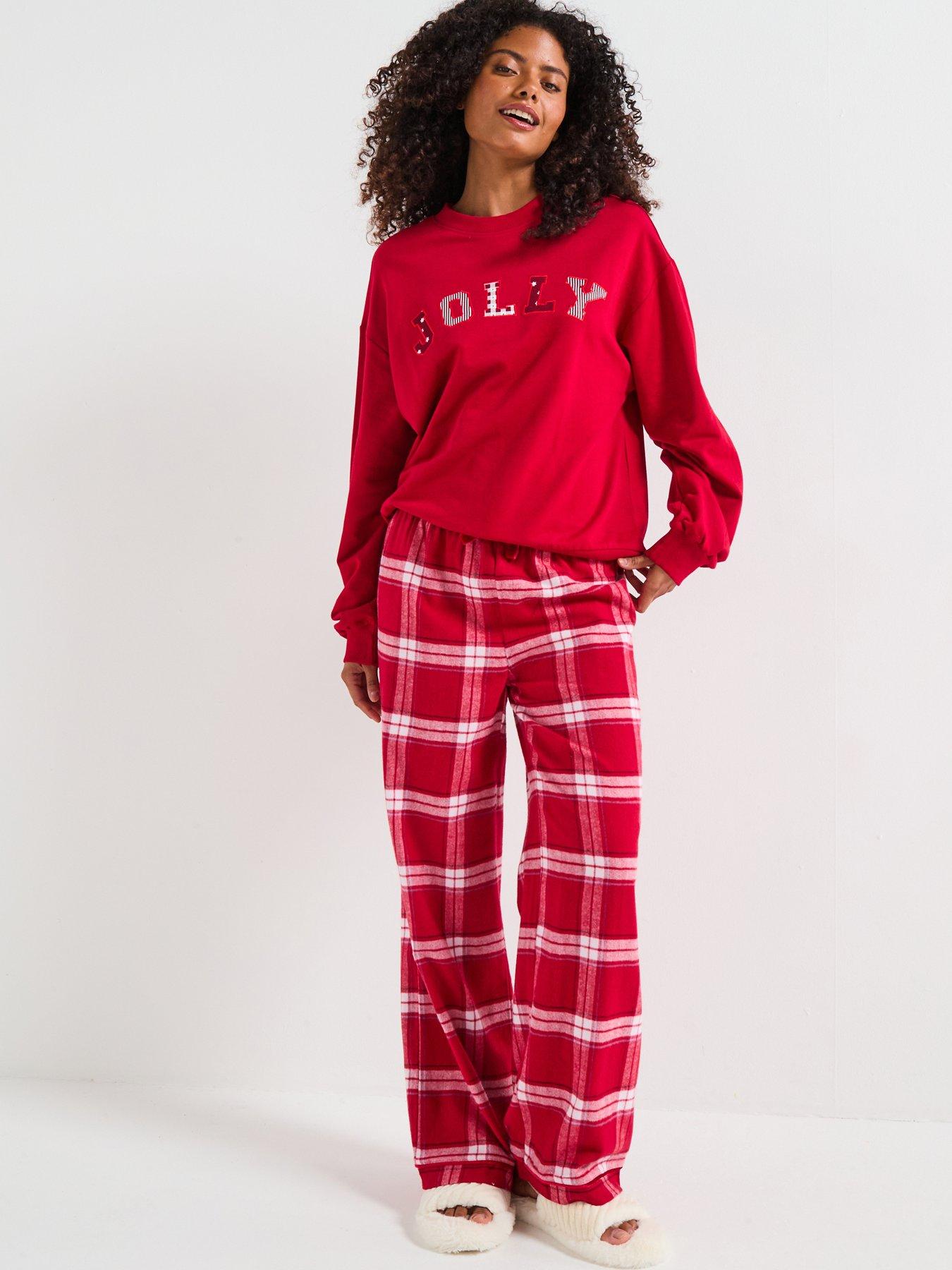 Image 2 of 7 of The Very Collection Womens Family Christmas Pj Jolly Brushed Back Sweat And Woven Bottom Set - Red
