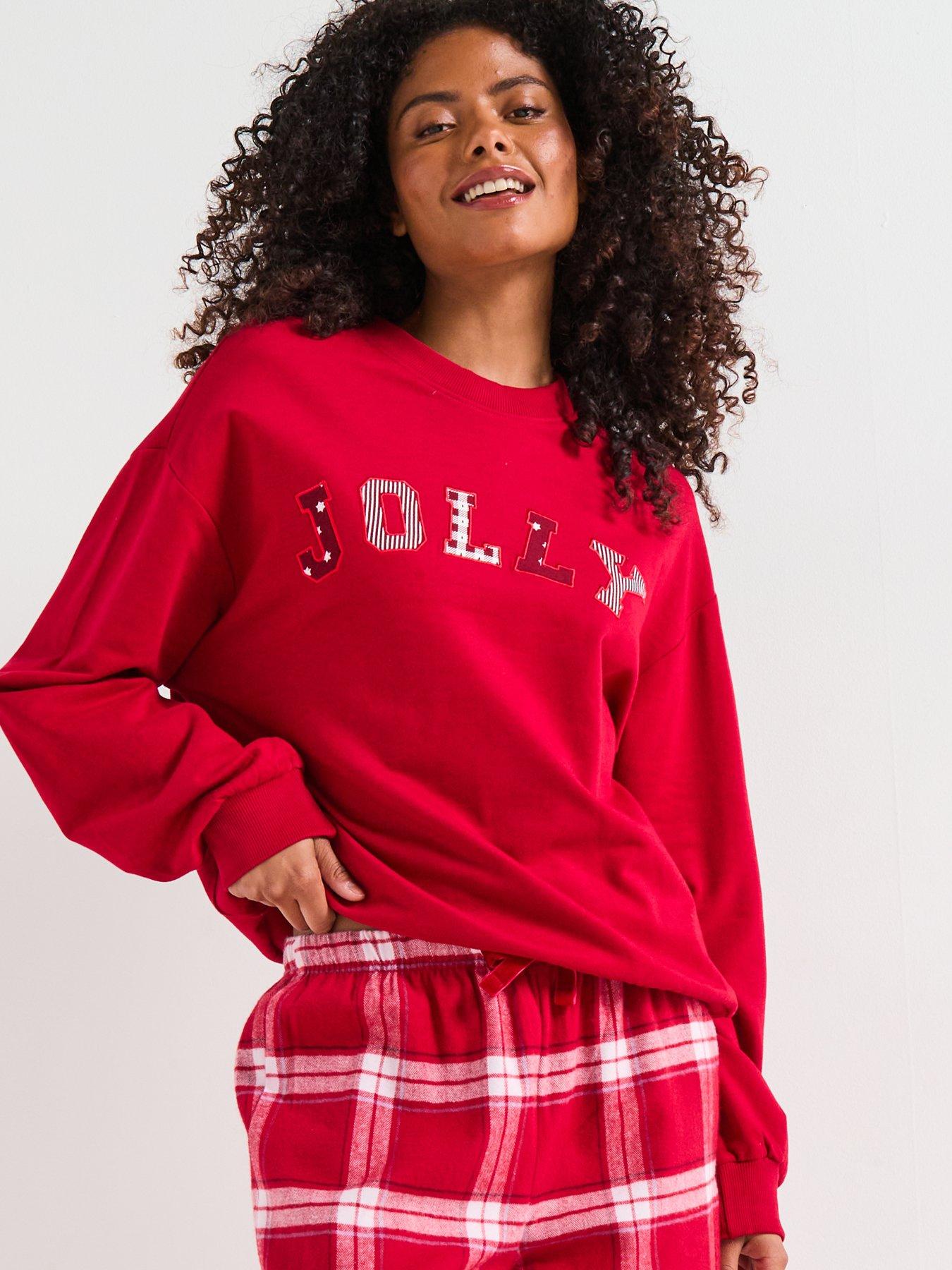 Image 5 of 7 of The Very Collection Womens Family Christmas Pj Jolly Brushed Back Sweat And Woven Bottom Set - Red