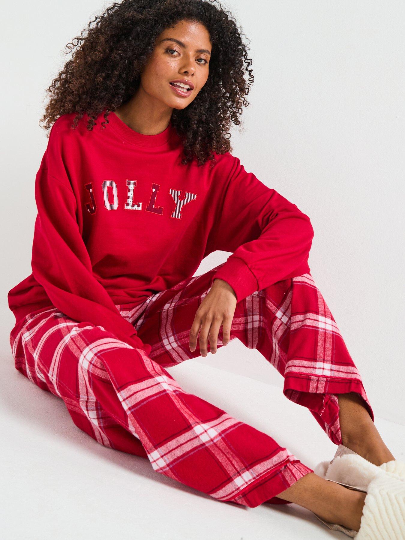 Image 6 of 7 of The Very Collection Womens Family Christmas Pj Jolly Brushed Back Sweat And Woven Bottom Set - Red