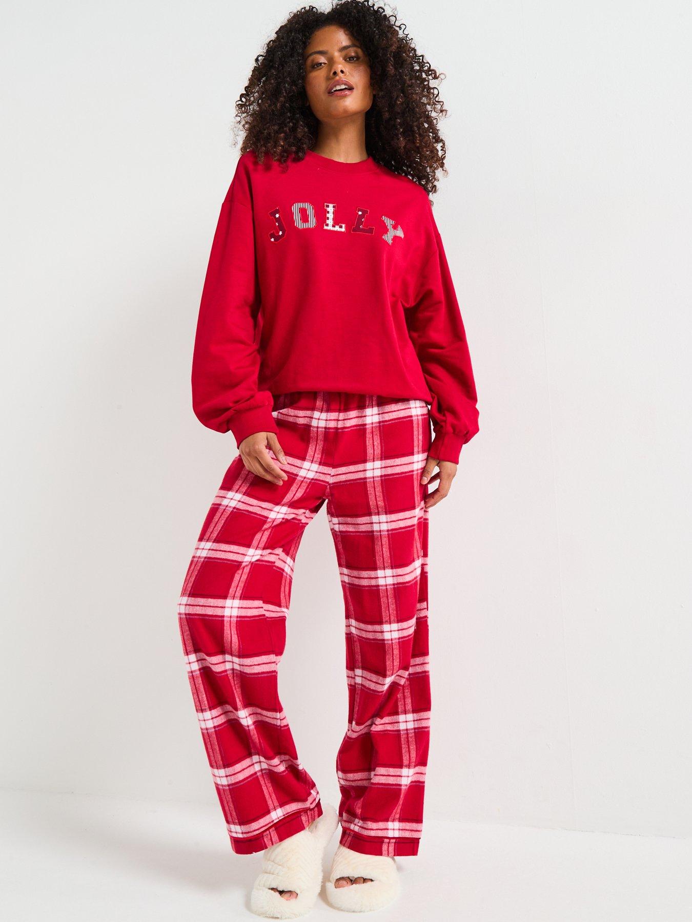 Image 7 of 7 of The Very Collection Womens Family Christmas Pj Jolly Brushed Back Sweat And Woven Bottom Set - Red