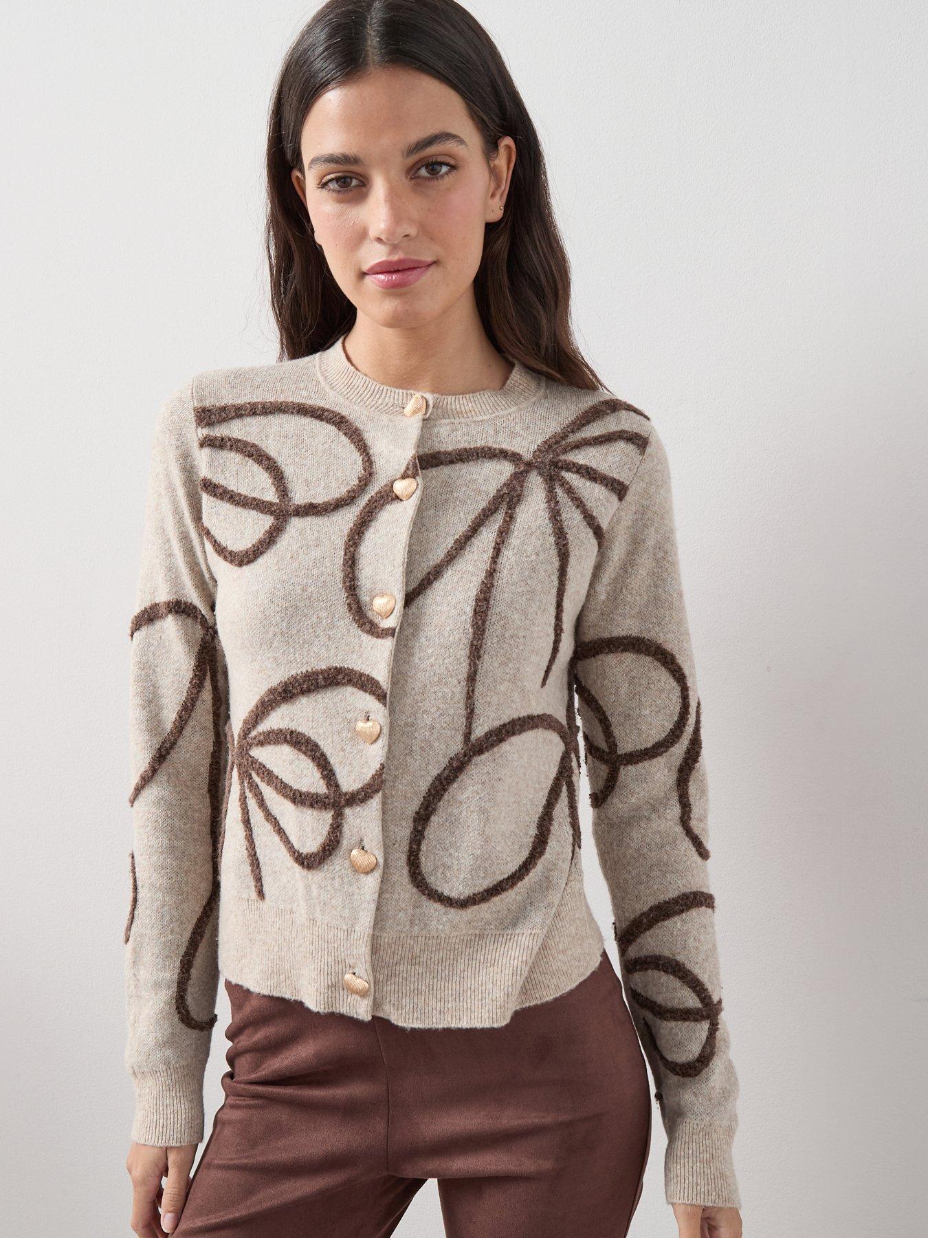 The Very Collection Crew Neck Brushed Yarn Bow Jacquard Cardigan With Wool - Beige