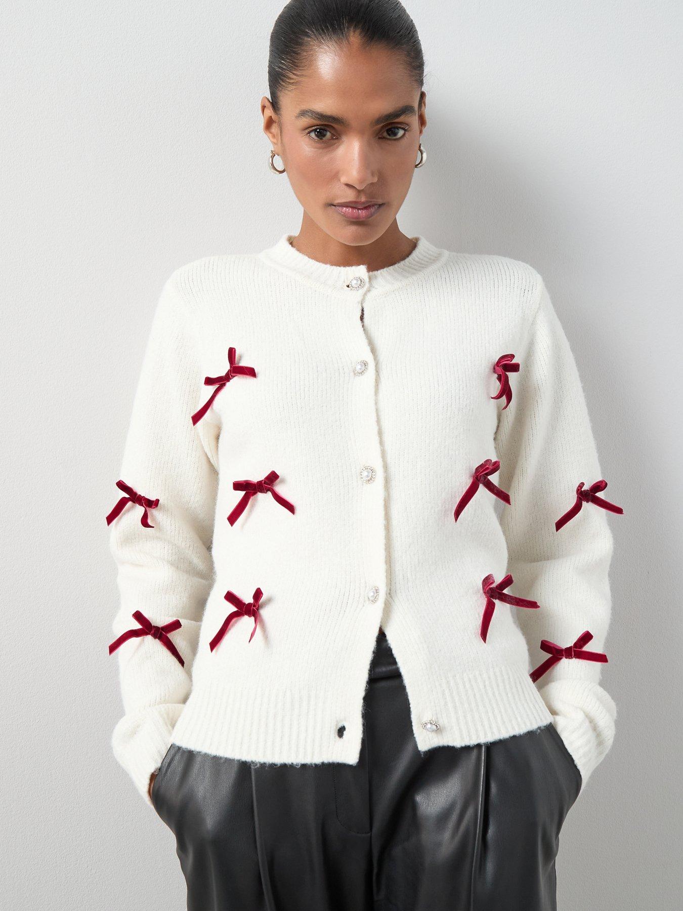 Image 1 of 6 of The Very Collection Crew Neck Bow Detail Cardigan With Wool - Cream