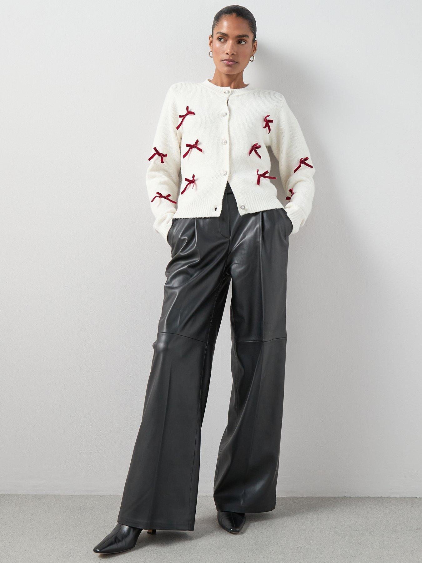 Image 3 of 6 of The Very Collection Crew Neck Bow Detail Cardigan With Wool - Cream