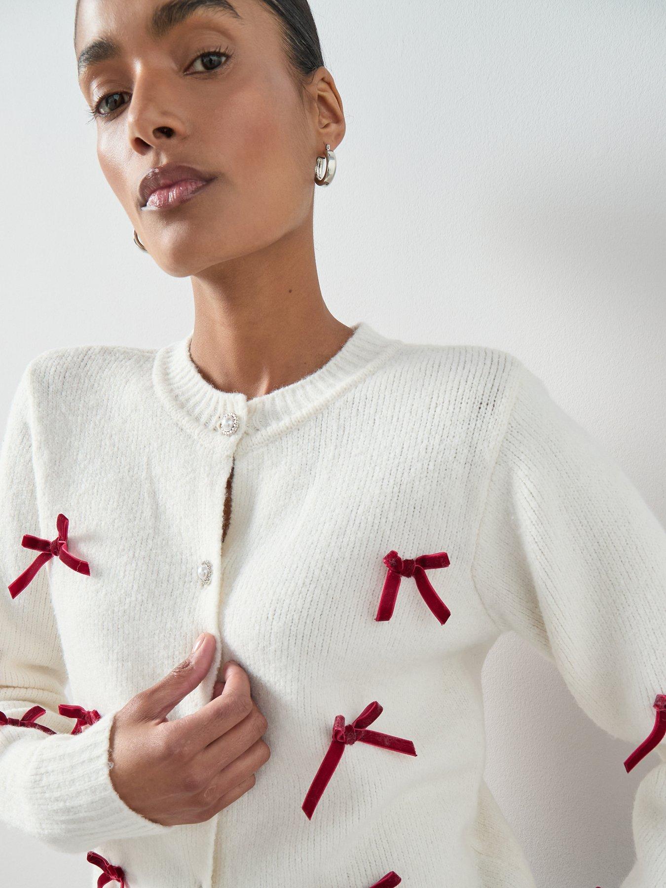 Image 4 of 6 of The Very Collection Crew Neck Bow Detail Cardigan With Wool - Cream