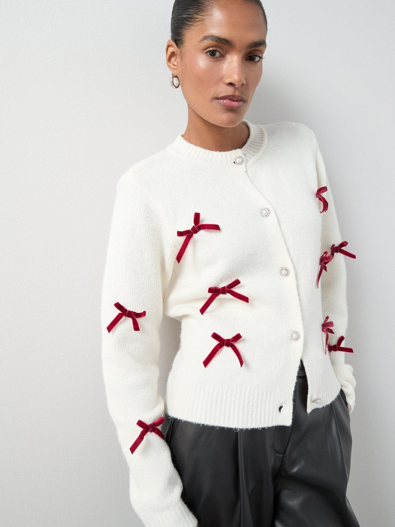 Image 5 of 6 of The Very Collection Crew Neck Bow Detail Cardigan With Wool - Cream