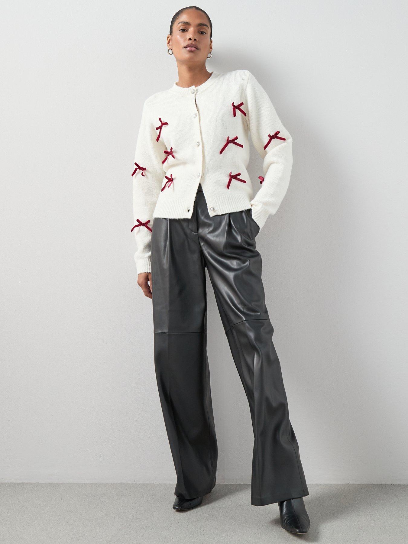 Image 6 of 6 of The Very Collection Crew Neck Bow Detail Cardigan With Wool - Cream
